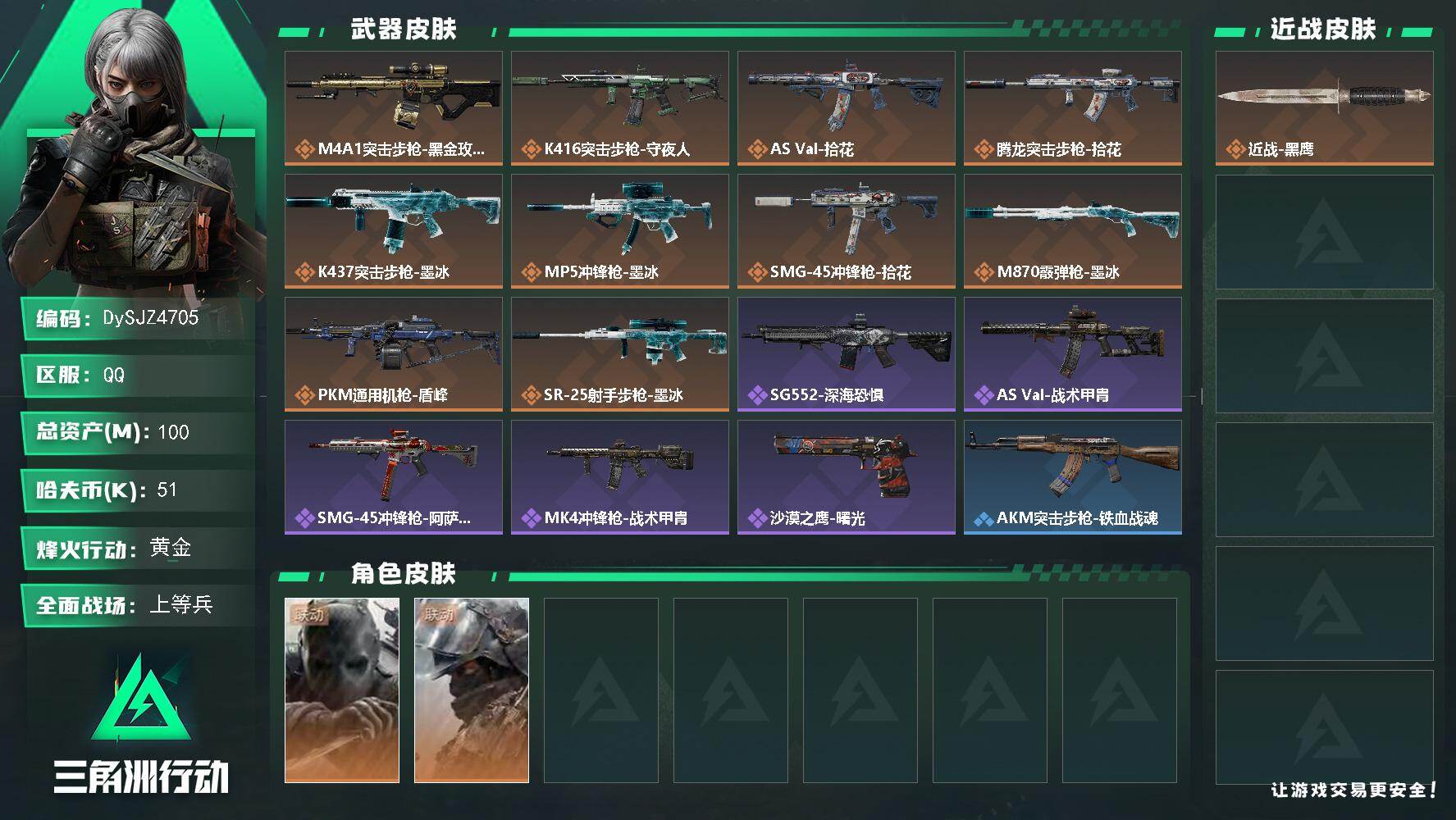 三角洲行动账号QQ【DySJZ4705】总资产100M/哈夫币5万/干员外观数2/传说枪皮数11/战场等级17/行动等级60/安全箱等时效性道具以游戏内数据为准，详情请看图/无名-守夜人/深蓝-盾峰/近战-黑鹰/M4