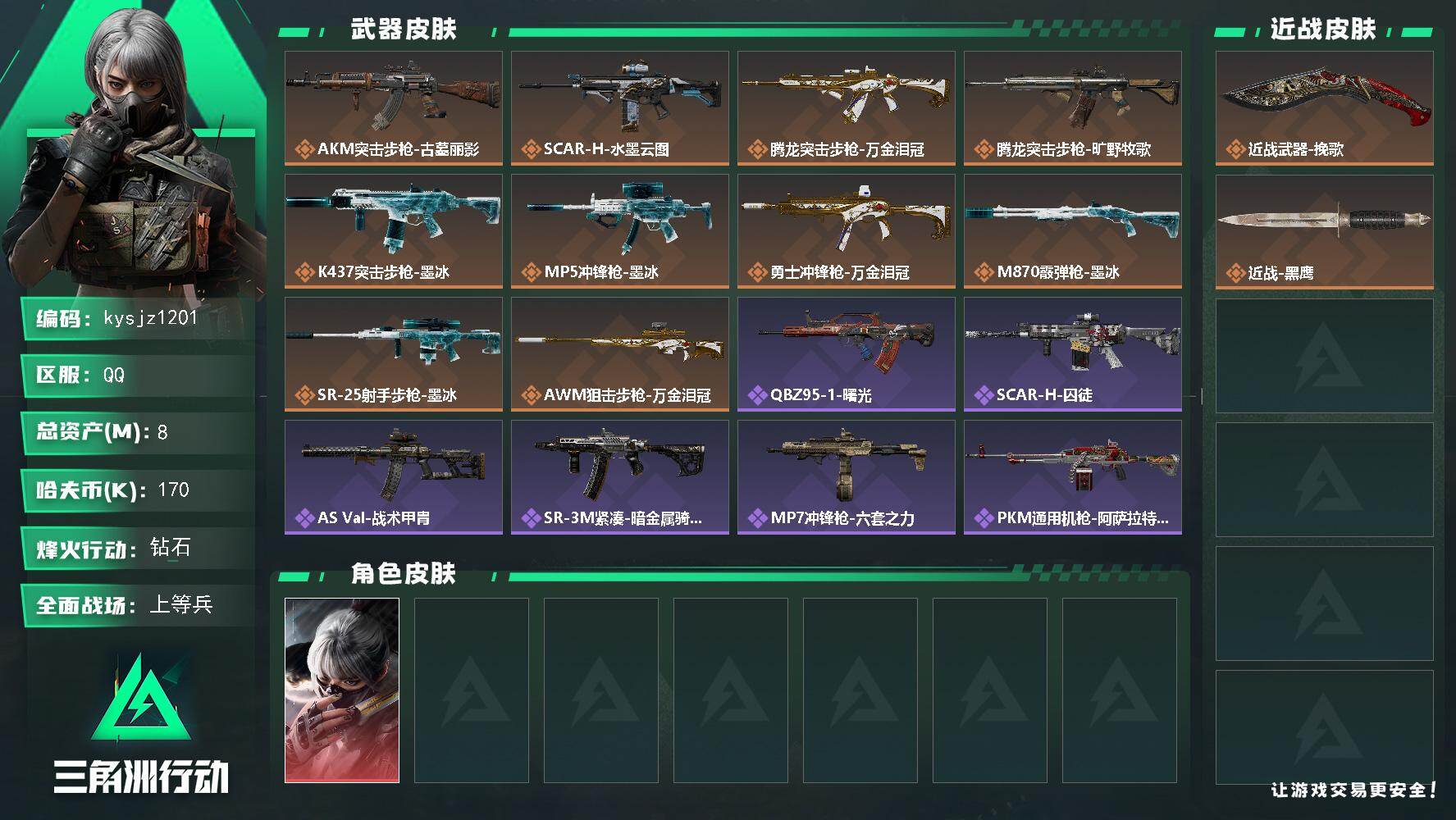 三角洲行动账号QQ8m总资产-170k哈夫币-54烽火等级-钻石-25战场等级-上等兵
【干员外观】：骇爪-水墨云图
