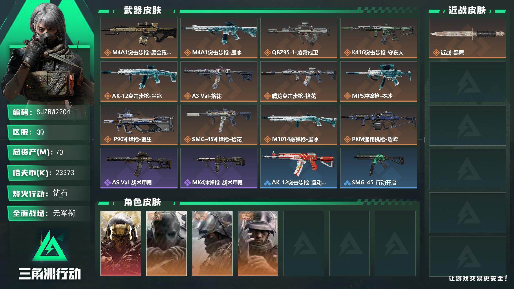 三角洲行动账号QQ70m总资产-23373k哈夫币-60烽火等级-钻石-1战场等级-无军衔
【干员外观】：红狼-蚀金玫