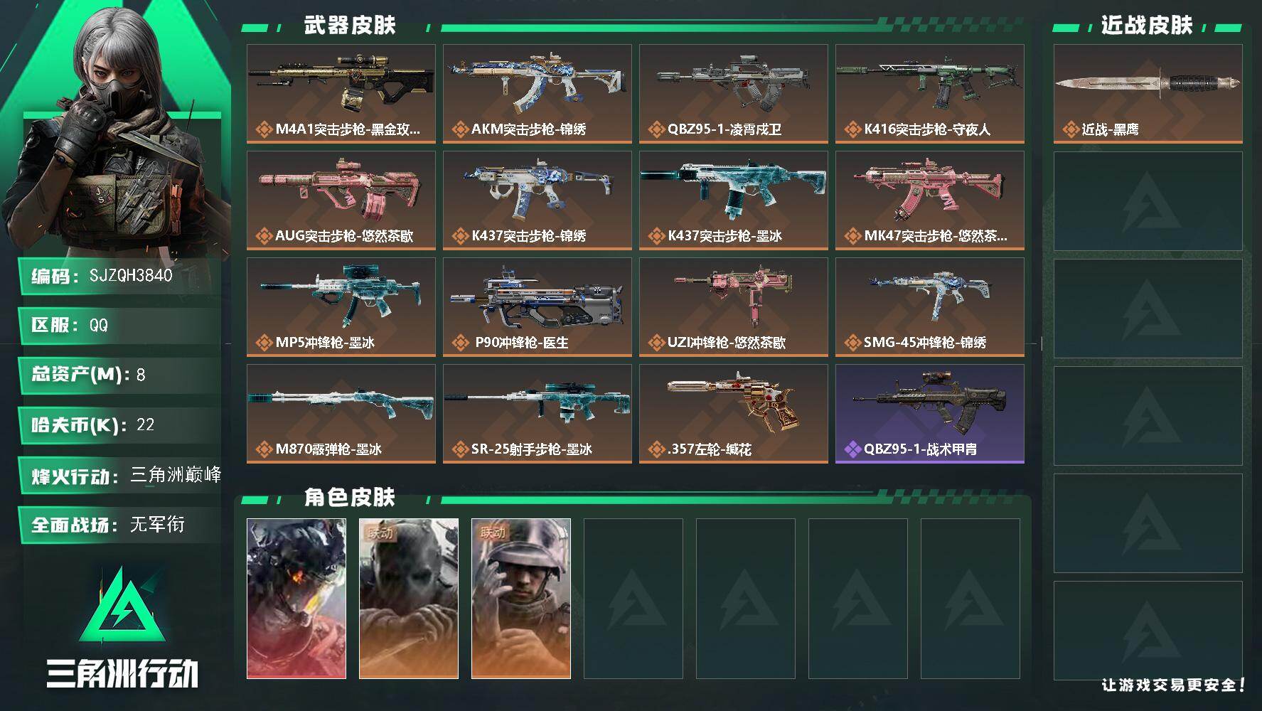 三角洲行动账号QQ【SJZQH3840】总资产8M/哈夫币2万/干员外观数3/传说枪皮数15/战场等级1/行动等级60/安全箱等时效性道具以游戏内数据为准，详情请看图/威龙-凌霄戍卫/无名-守夜人/蜂医-医生/近战-