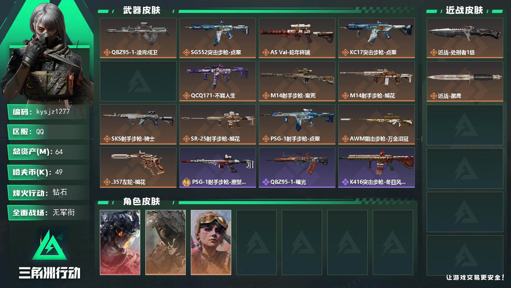 三角洲行动账号QQ64m总资产-49k哈夫币-60烽火等级-钻石-5战场等级-无军衔
【干员外观】：威龙-凌霄戍卫，乌