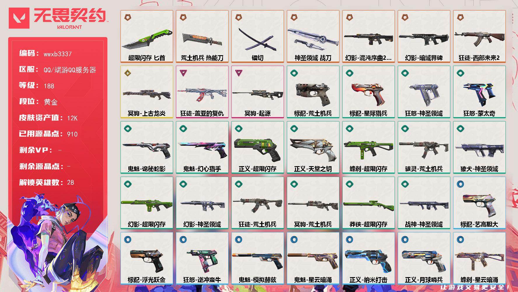 无畏契约账号QQ【wwxb3337】LV等级188/皮肤总价值12920/段位黄金/总皮肤数量53/刀皮数量4/枪皮数量49/具体详情请看图/幻棱/炼狱/维斯/暮蝶/钛狐/壹决/铁臂/捷风/雷兹/幽影/不死鸟/贤者