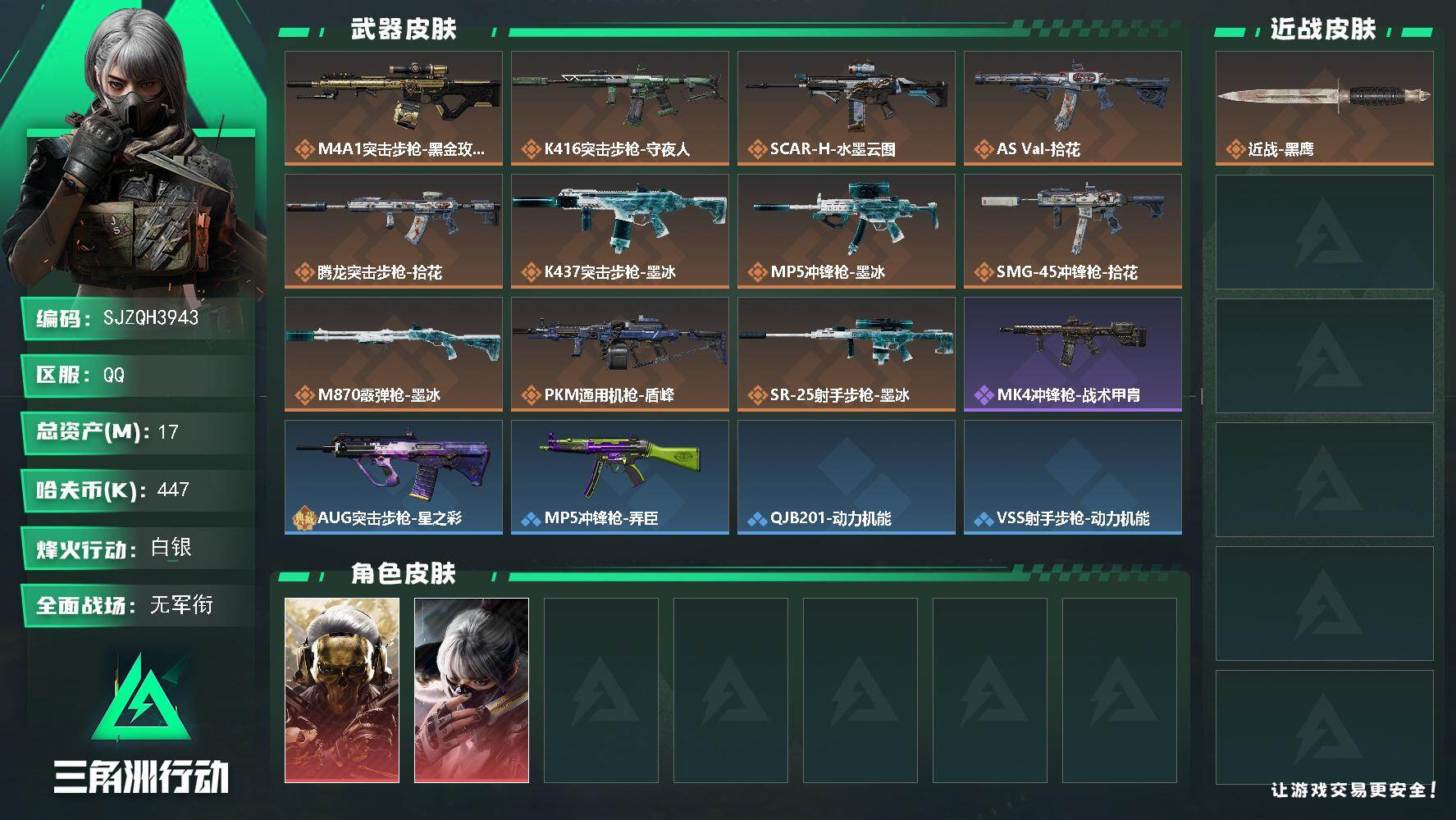 三角洲行动账号QQ【SJZQH3943】总资产17M/哈夫币44万/干员外观数2/传说枪皮数12/战场等级1/行动等级