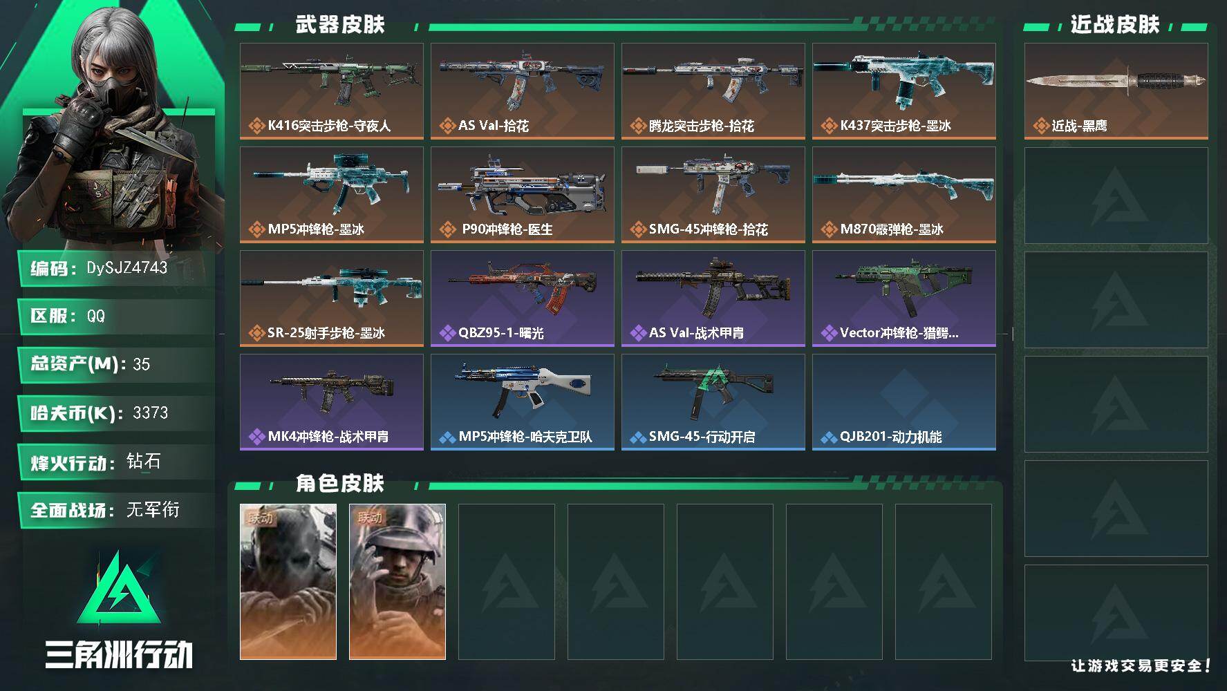三角洲行动账号QQ【DySJZ4743】总资产35M/哈夫币337万/干员外观数2/传说枪皮数10/战场等级1/行动等级60/安全箱等时效性道具以游戏内数据为准，详情请看图/无名-守夜人/蜂医-医生/近战-黑鹰/K4
