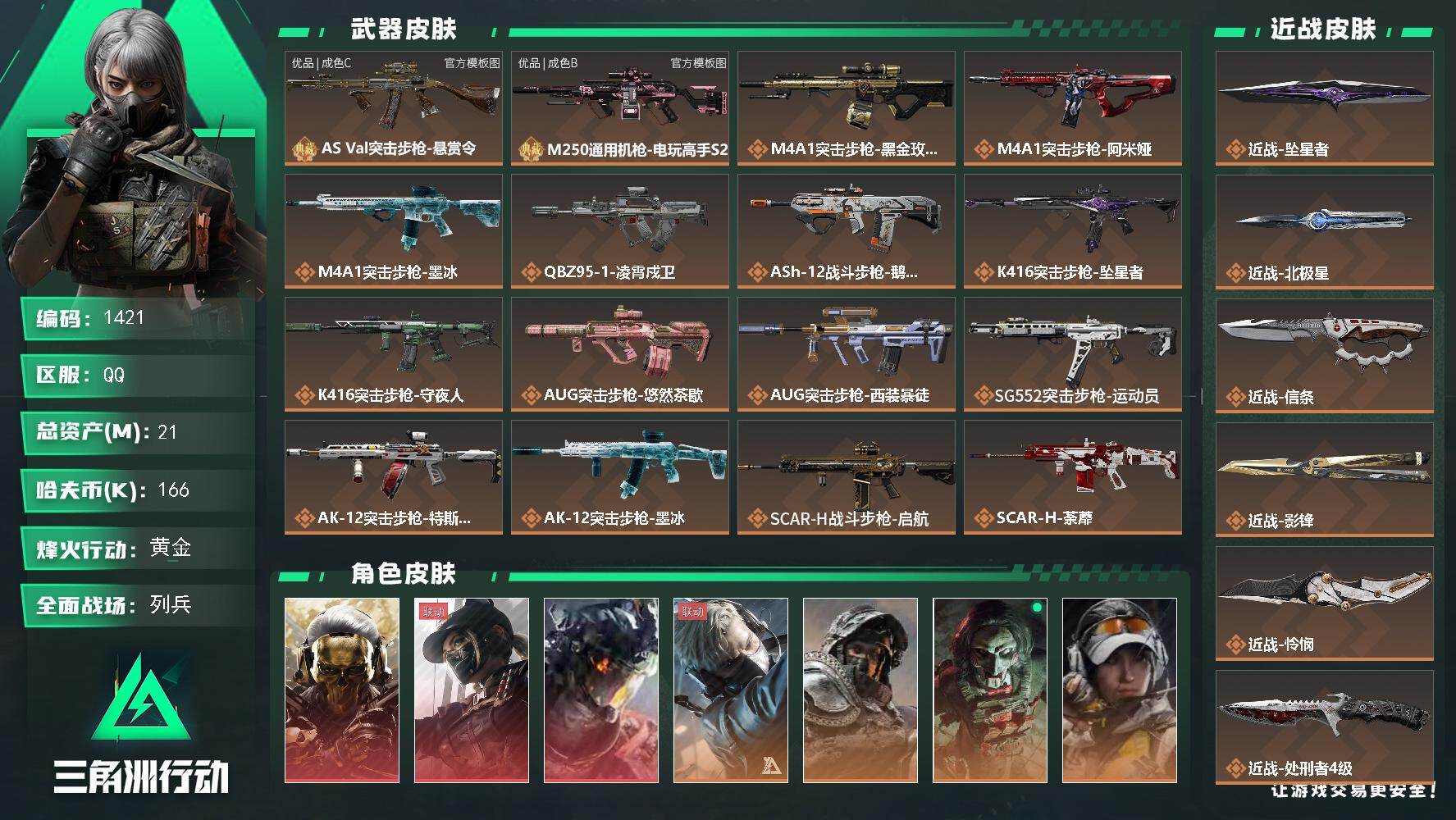 三角洲行动账号QQ21m总资产-166k哈夫币-60烽火等级-黄金-24战场等级-列兵
【干员外观】：红狼-蚀金玫瑰，