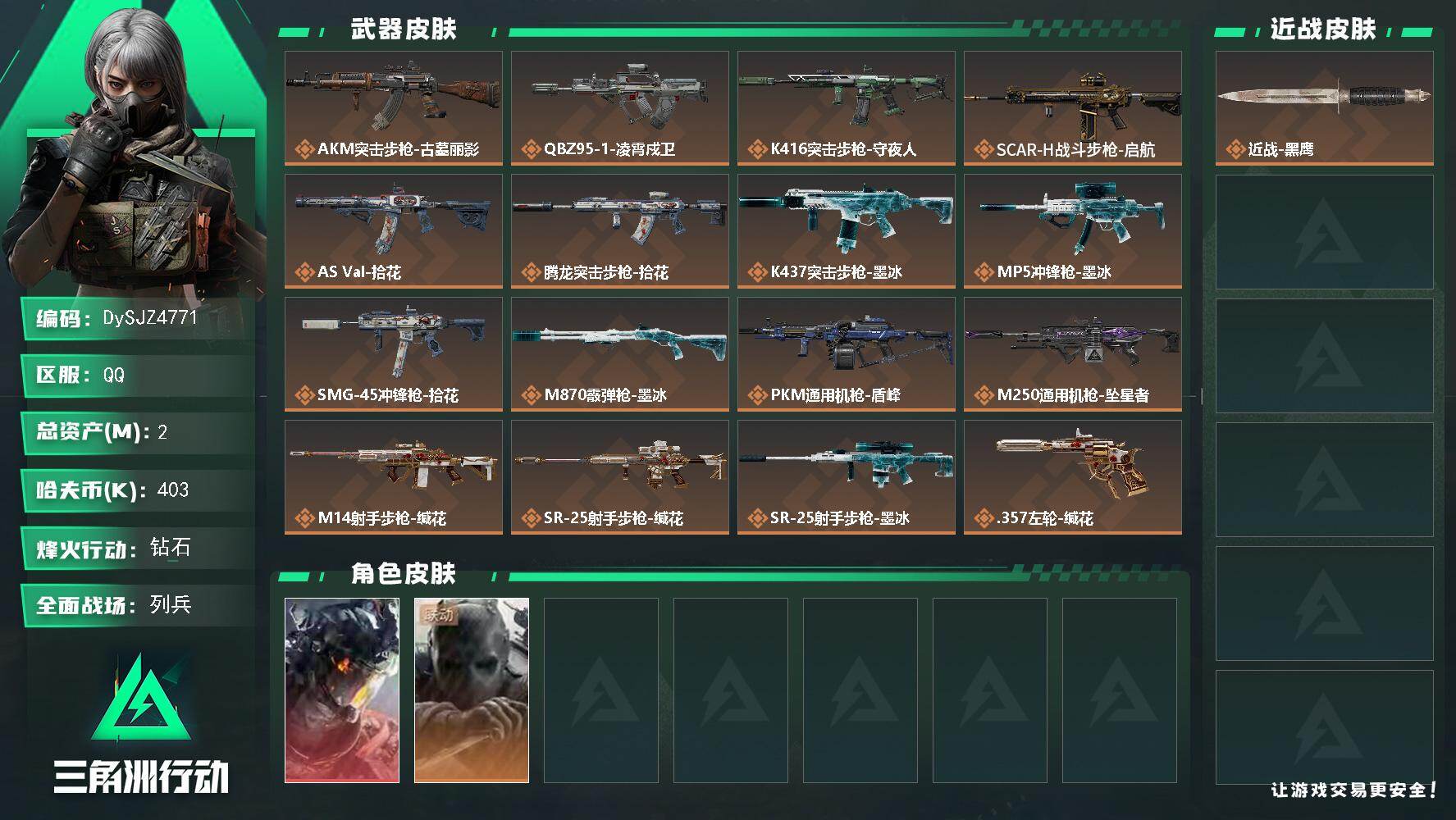 三角洲行动账号QQ【DySJZ4771】总资产2M/哈夫币40万/干员外观数2/传说枪皮数17/战场等级17/行动等级