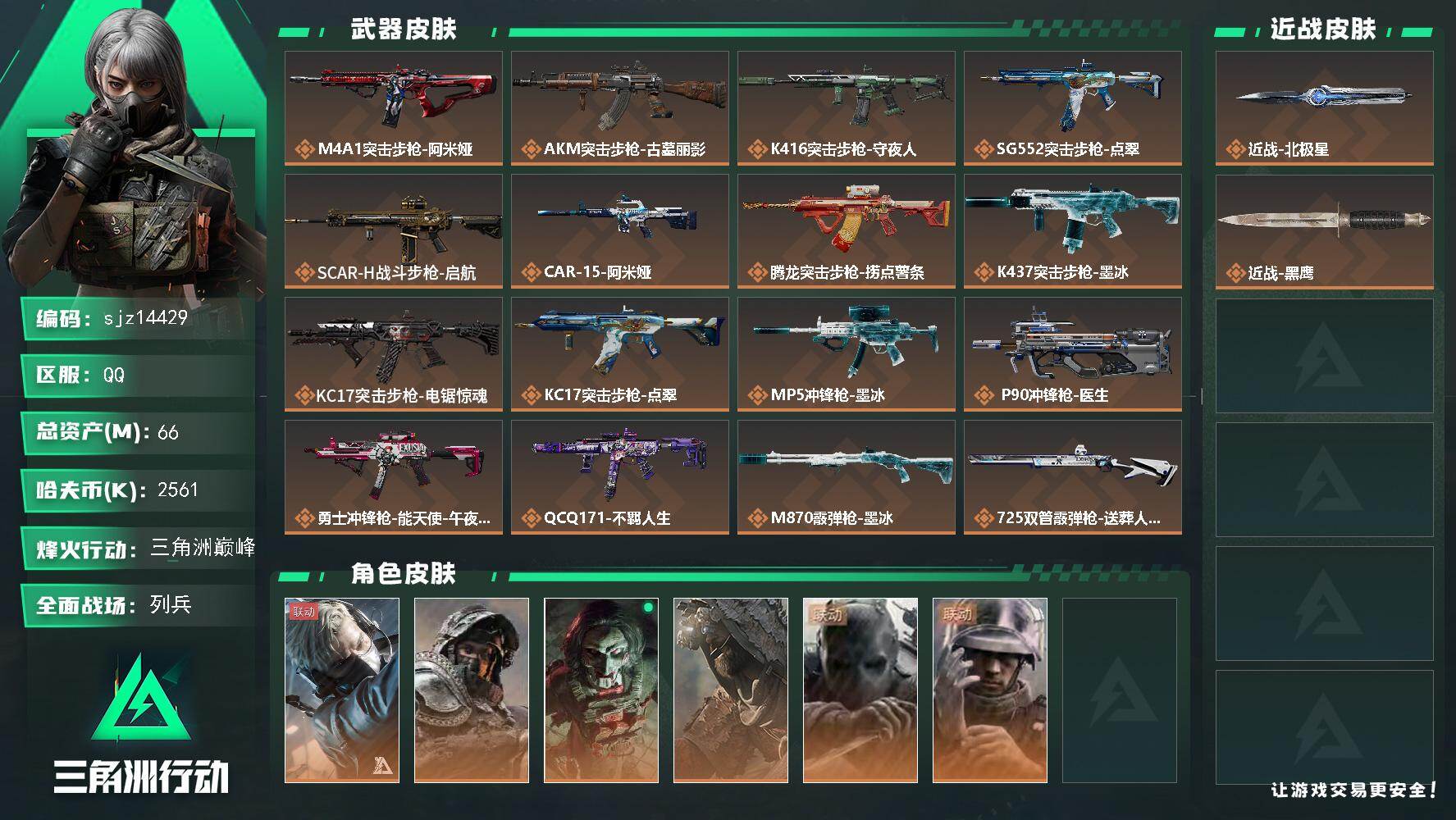 三角洲行动账号QQ总资产：66.2M, 哈夫币：2561K ;总资产66M/哈夫币256万/干员外观数6/战场等级17