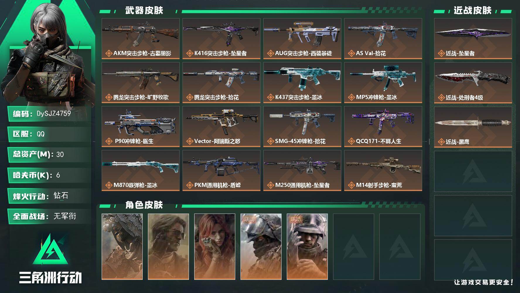 三角洲行动账号QQ【DySJZ4759】总资产30M/哈夫币0万/传说近战数2/干员外观数5/传说枪皮数18/战场等级