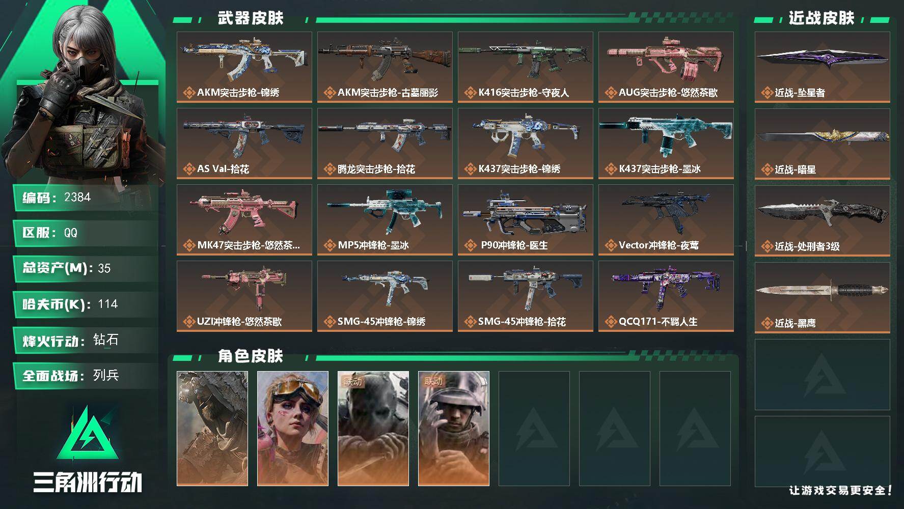 三角洲行动账号QQ35m总资产-114k哈夫币-60烽火等级-钻石-17战场等级-列兵
【干员外观】：乌鲁鲁-荒原猎手