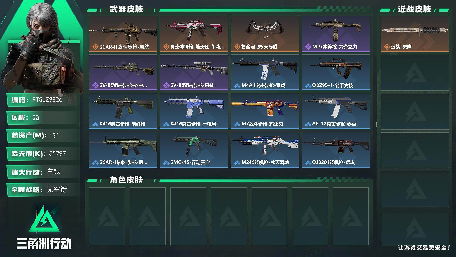 三角洲行动账号QQ【PTSJZ9826】总资产131M/哈夫币5579万/传说枪皮数3/战场等级1/行动等级60/安全