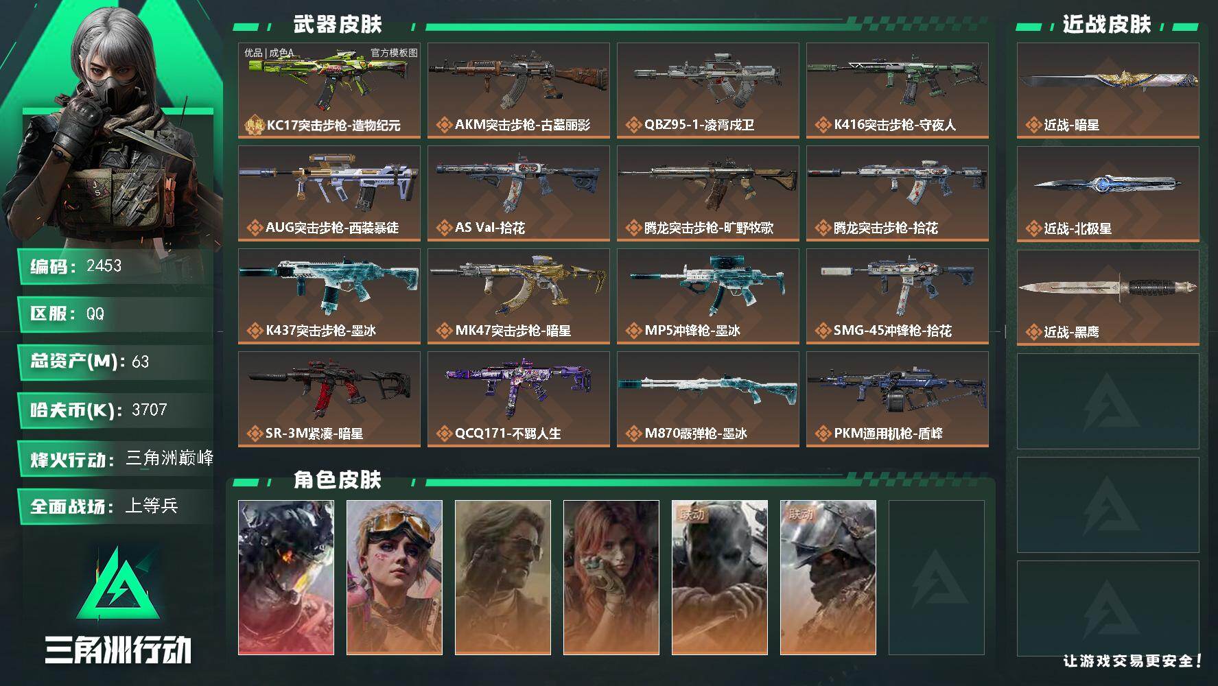 三角洲行动账号QQ63m总资产-3707k哈夫币-60烽火等级-三角洲巅峰-50战场等级-上等兵
【干员外观】：威龙-
