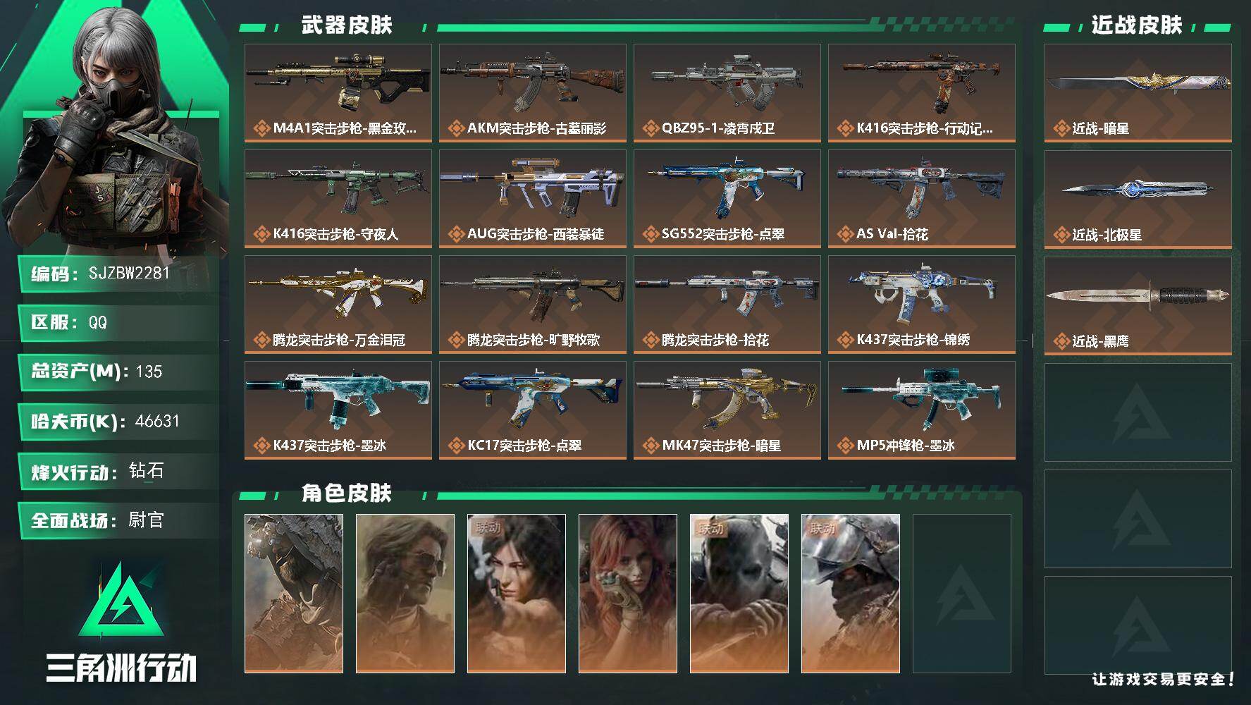 三角洲行动账号QQ【SJZBW2281】总资产135M/哈夫币4663万/传说近战数2/干员外观数6/传说枪皮数29/
