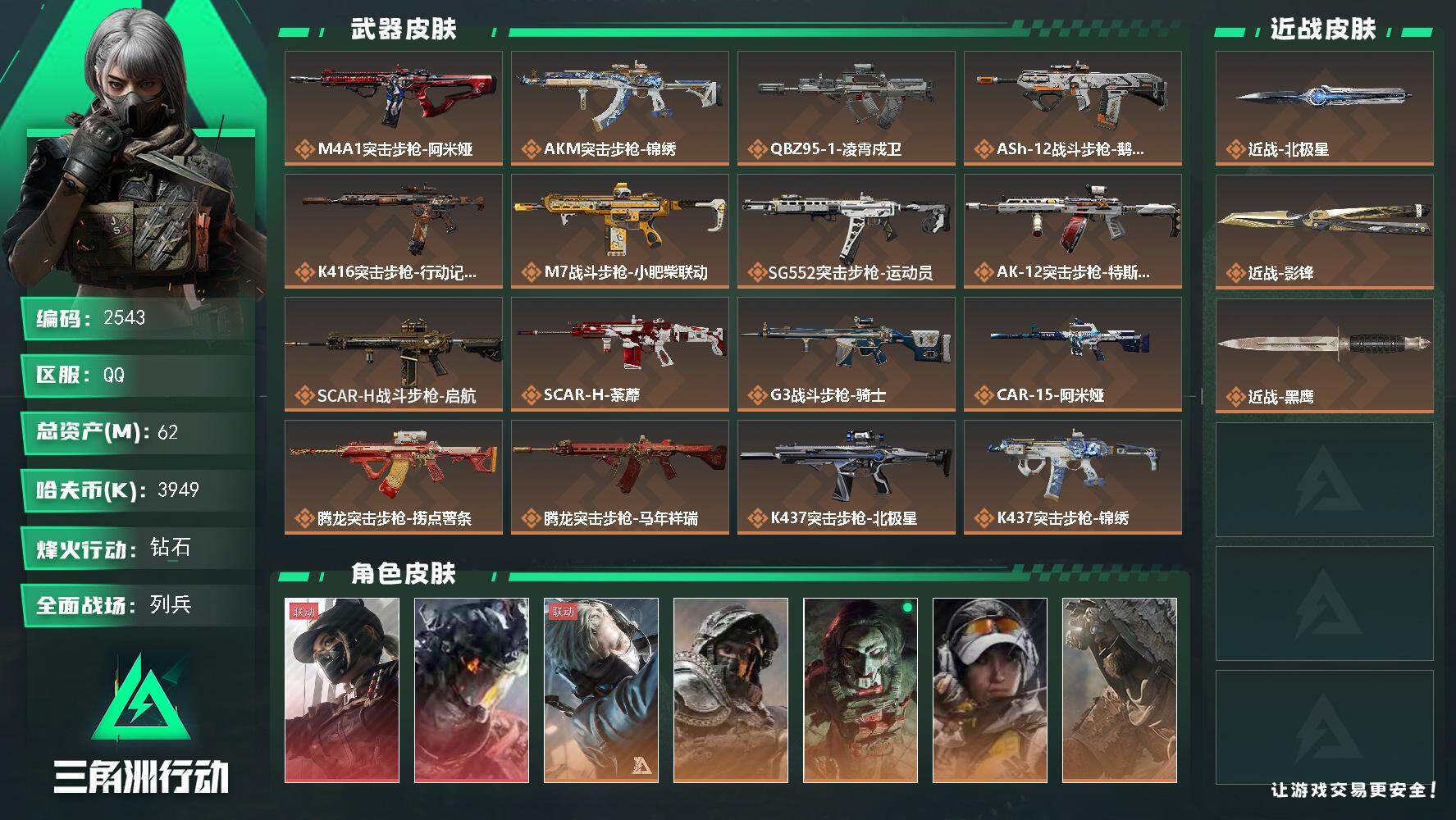 三角洲行动账号QQ62m总资产-3949k哈夫币-60烽火等级-钻石-43战场等级-列兵
【干员外观】：露娜-黑·天际