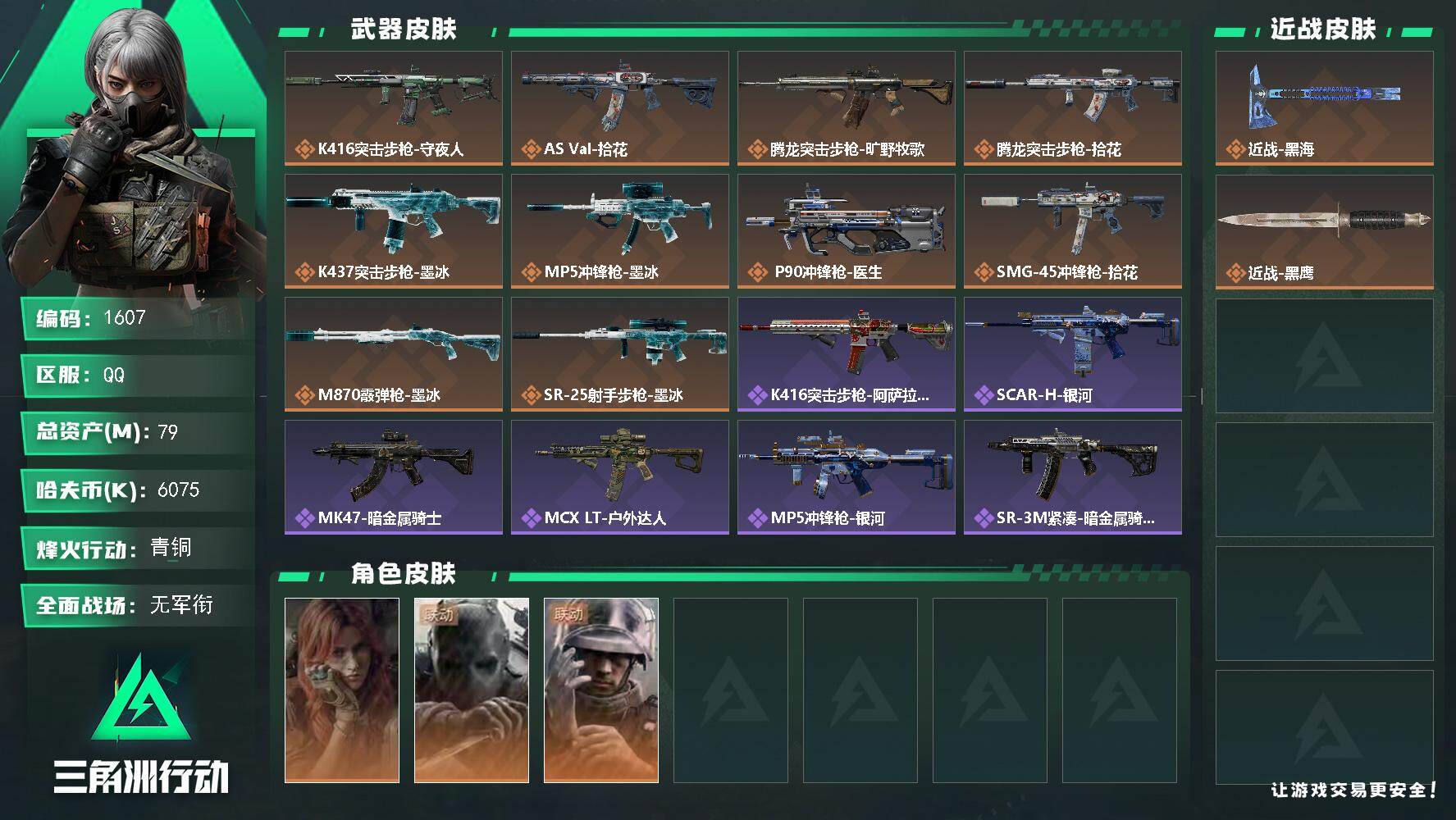 三角洲行动账号QQ79m总资产-6075k哈夫币-58烽火等级-青铜-1战场等级-无军衔
【干员外观】：疾风-西部往事