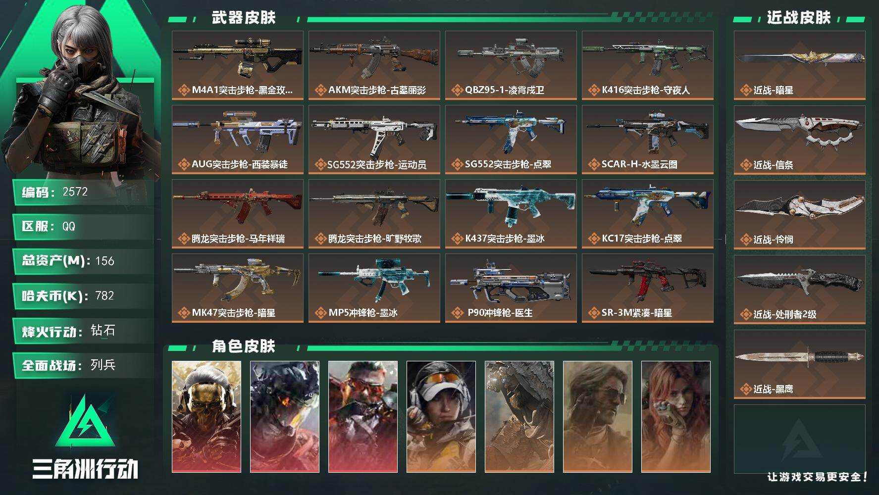 三角洲行动账号QQ156m总资产-782k哈夫币-60烽火等级-钻石-13战场等级-列兵
【干员外观】：红狼-蚀金玫瑰