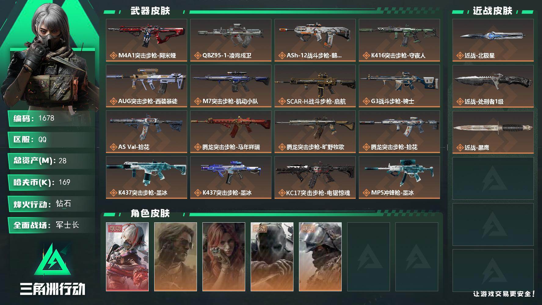 三角洲行动账号QQ28m总资产-169k哈夫币-60烽火等级-钻石-50战场等级-军士长
【干员外观】：骇爪-维什戴尔
