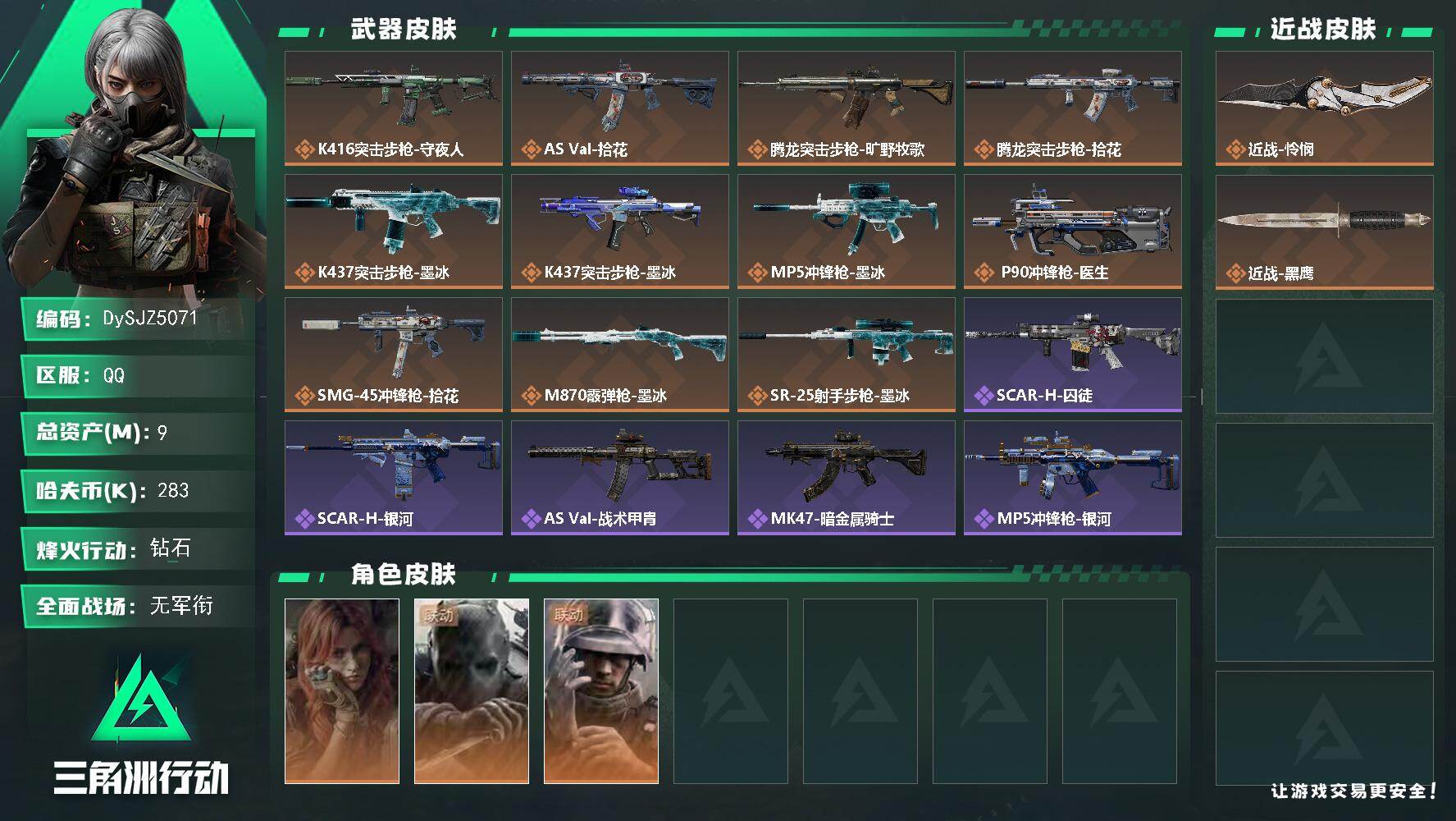 三角洲行动账号QQ【DySJZ5071】总资产9M/哈夫币28万/传说近战数1/干员外观数3/传说枪皮数11/战场等级