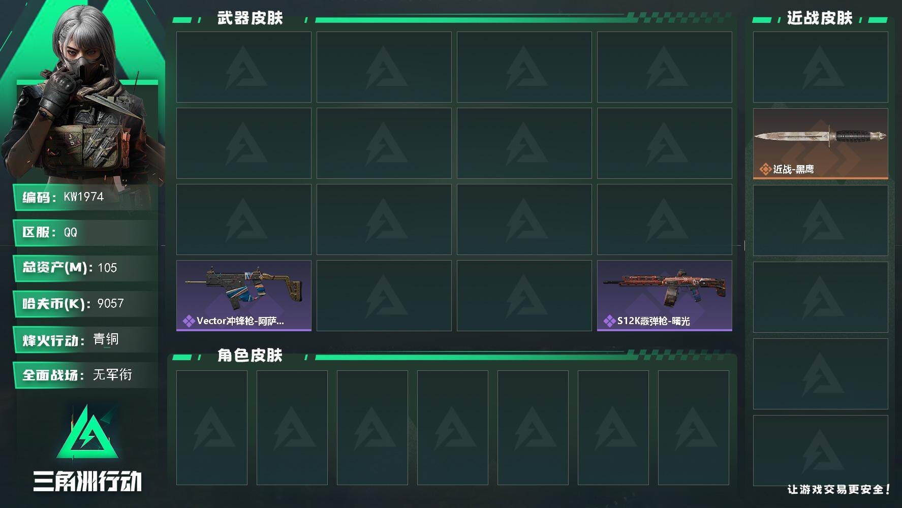 三角洲行动账号QQ【KW1974】总资产105M/哈夫币905万/传说近战数1/干员外观数1/传说枪皮数9/战场等级1/行动等级54/安全箱等时效性道具以游戏内数据为准，详情请看图/无名-守夜人/近战-挽歌/近战-黑