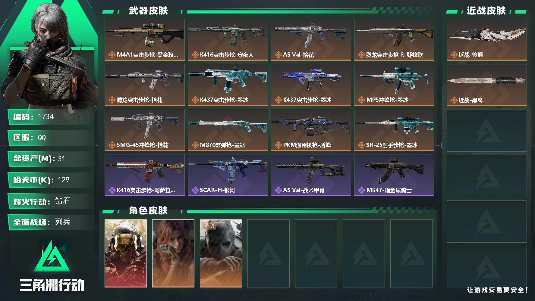 三角洲行动账号QQ31m总资产-129k哈夫币-60烽火等级-钻石-10战场等级-列兵
【干员外观】：红狼-蚀金玫瑰，