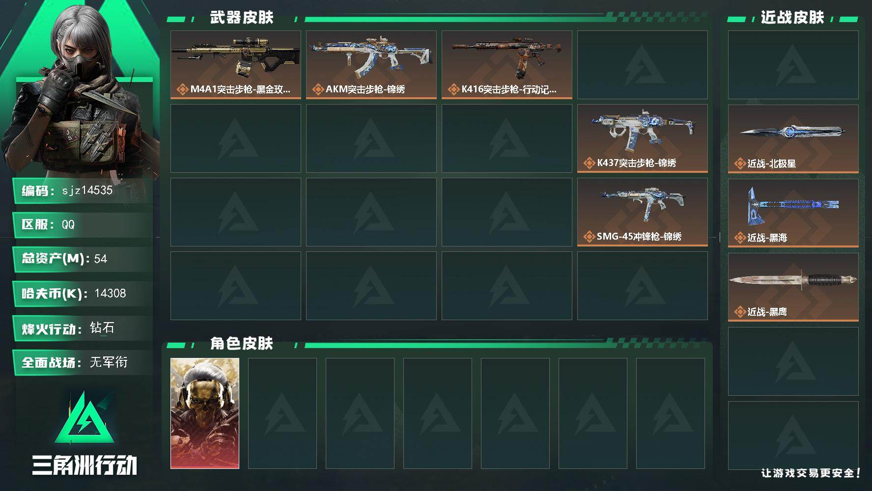 三角洲行动账号QQ总资产54.2M, 哈夫币14308K ;总资产54M/哈夫币1430万/干员外观数4/战场等级5/