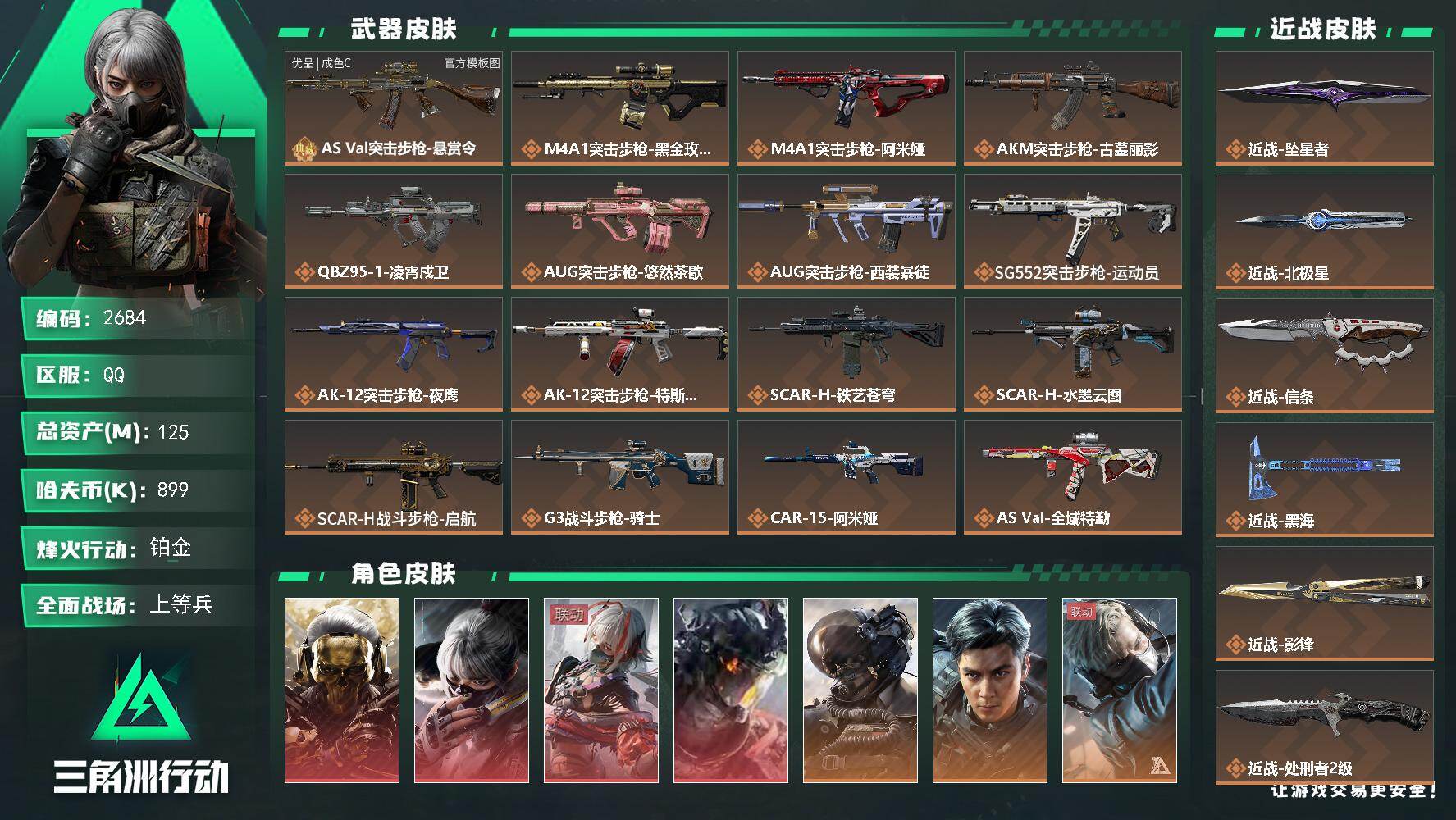 三角洲行动账号QQ125m总资产-899k哈夫币-60烽火等级-铂金-50战场等级-上等兵
【干员外观】：红狼-蚀金玫