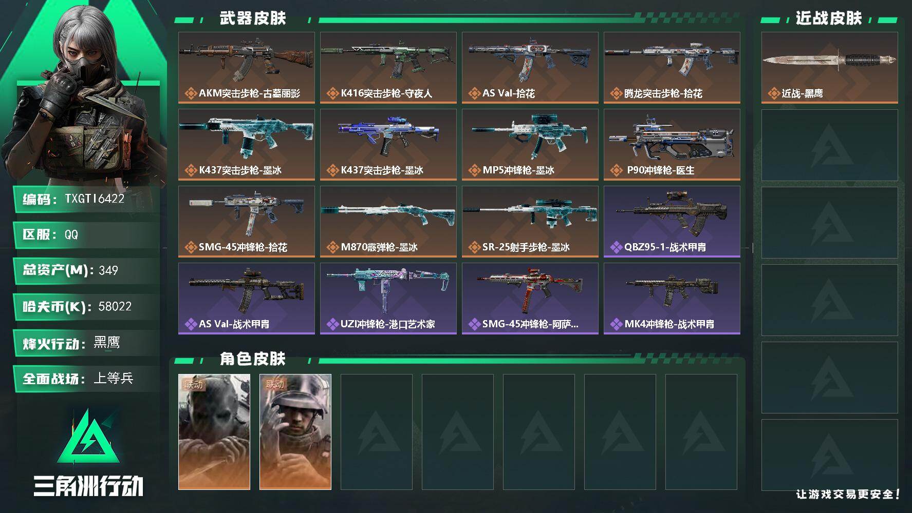 三角洲行动账号QQ【TTI6422】349m总资产-58022k哈夫币-60烽火等级-黑鹰-39战场等级-上等兵
三角