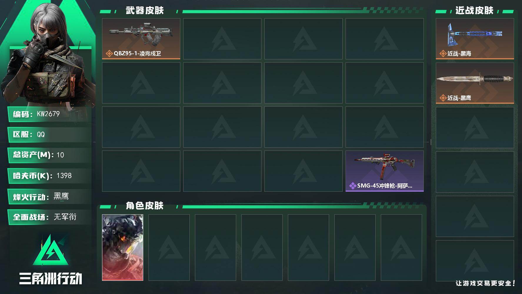 三角洲行动账号QQ【KW2679】总资产10M/哈夫币139万/传说近战数1/干员外观数4/传说枪皮数12/战场等级5/行动等级60/安全箱等时效性道具以游戏内数据为准，详情请看图/威龙-凌霄戍卫/疾风-西部往事/无