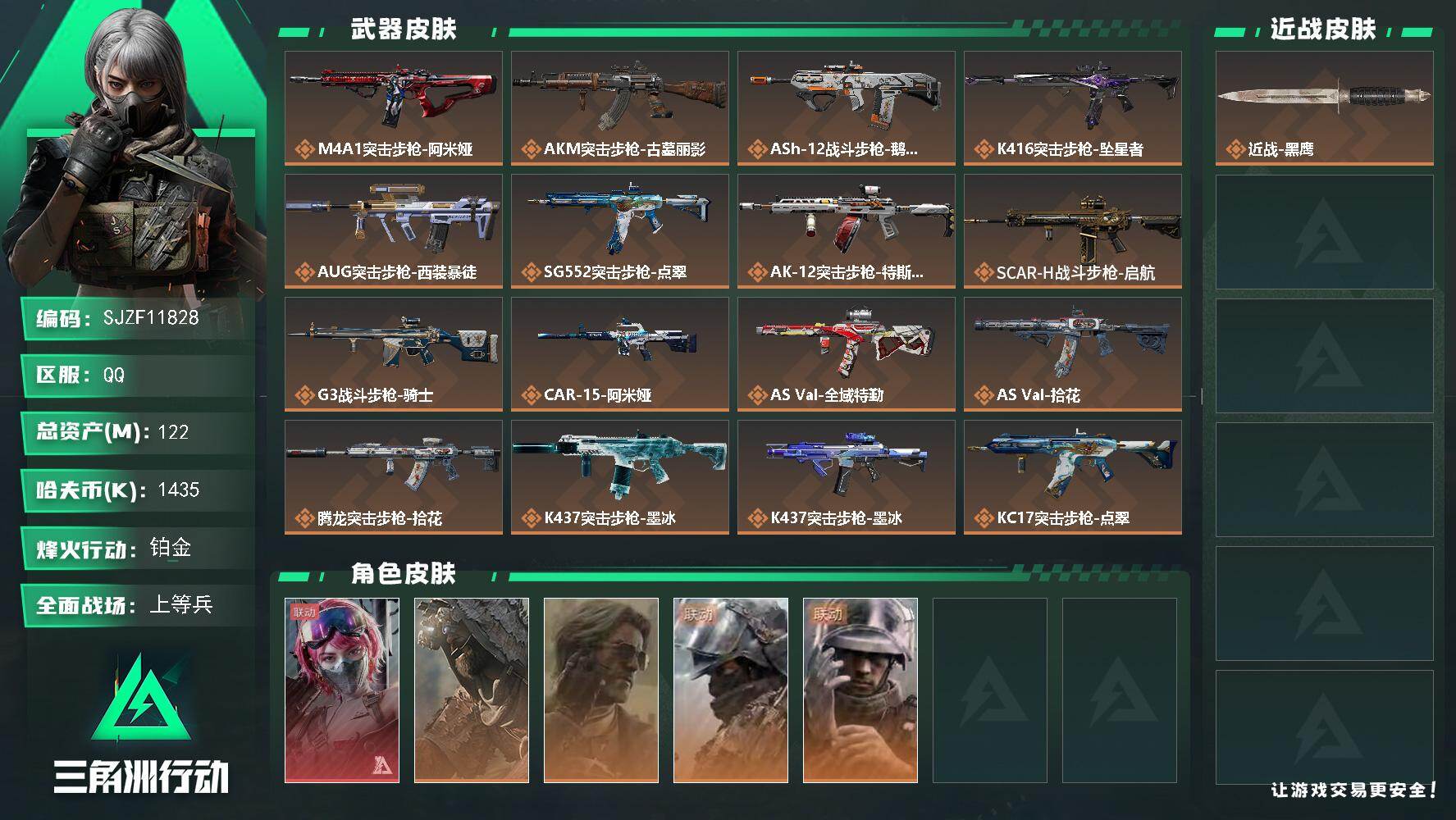 三角洲行动账号QQ【SJZF11828】总资产122M/哈夫币143万/干员外观数5/传说枪皮数32/战场等级36/行动等级60/安全箱等时效性道具以游戏内数据为准，详情请看图/蛊-能天使午夜邮差/乌鲁鲁-荒原猎手/