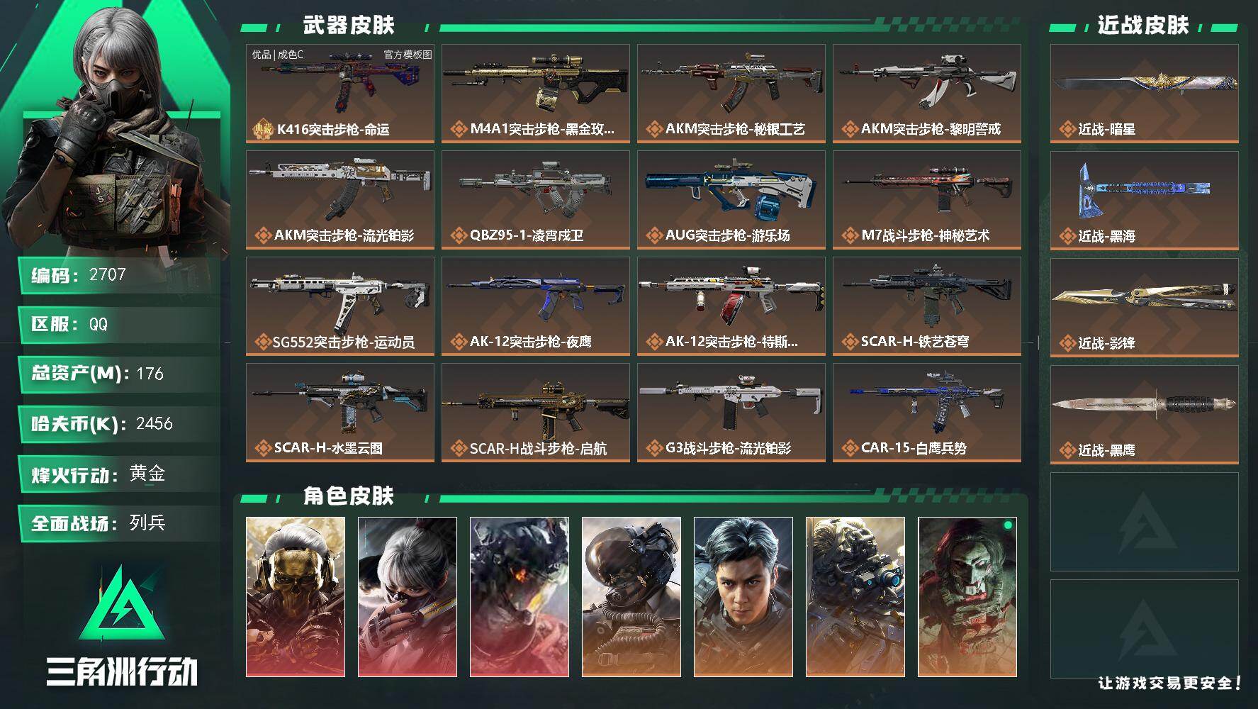 三角洲行动账号QQ176m总资产-2456k哈夫币-60烽火等级-黄金-50战场等级-列兵
【干员外观】：红狼-蚀金玫