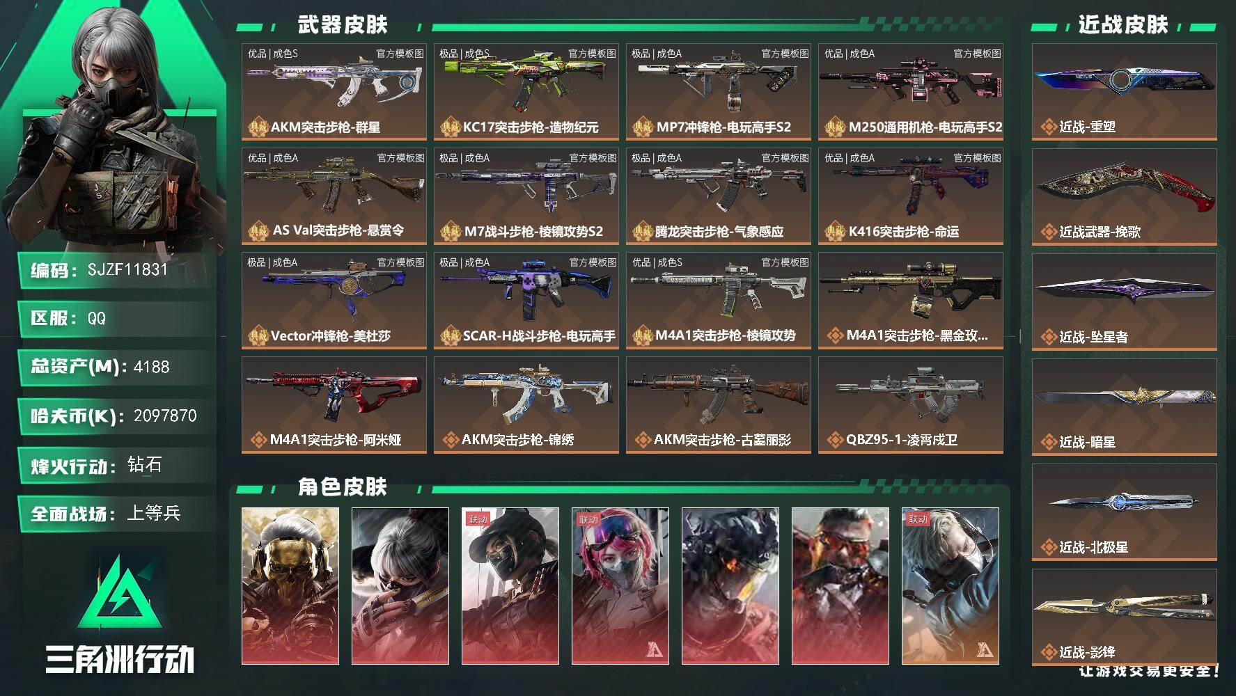 三角洲行动账号QQ【SJZF11831】总资产4188M/哈夫币209787万/传说近战数7/干员外观数15/典藏外观数11/传说枪皮数68/战场等级22/行动等级60/安全箱等时效性道具以游戏内数据为准，详情请看图