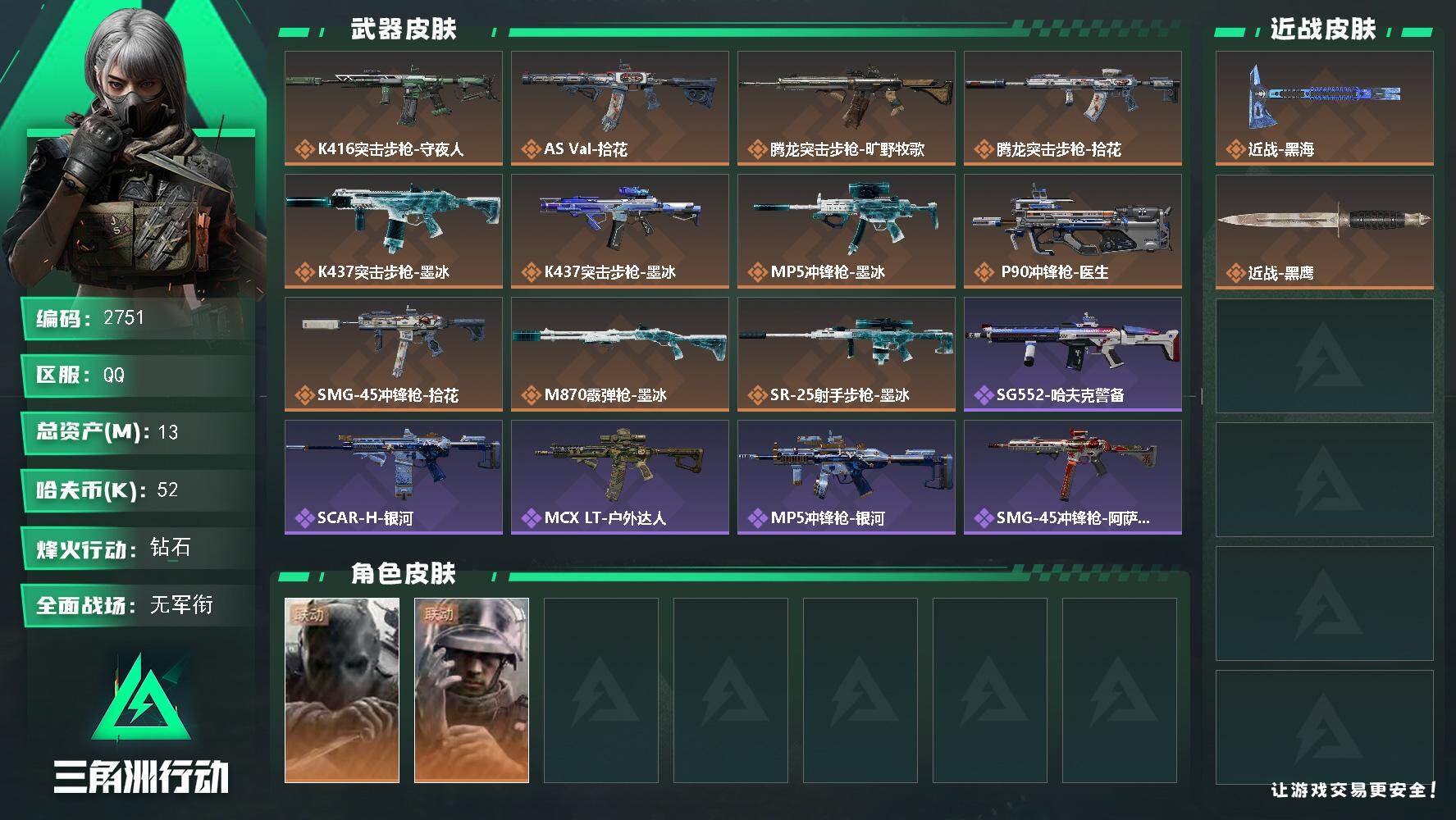 三角洲行动账号QQ13m总资产-52k哈夫币-60烽火等级-钻石-4战场等级-无军衔
【干员外观】：无名-守夜人，蜂医