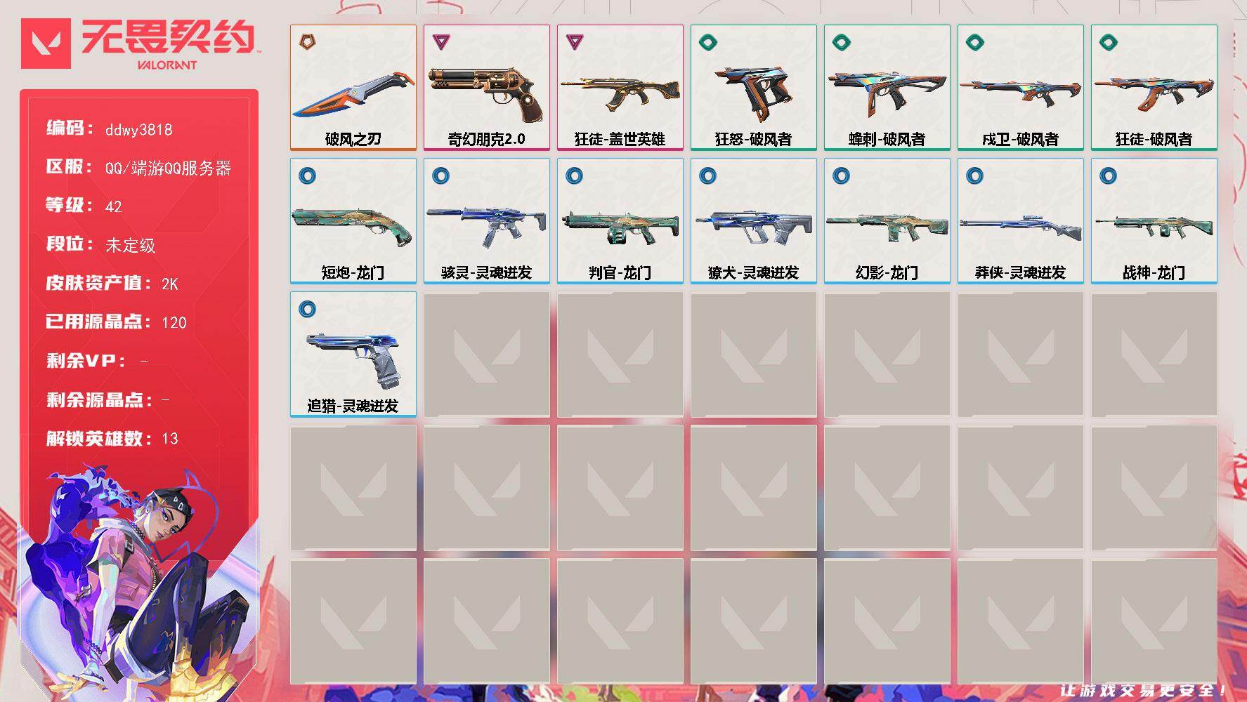 无畏契约账号QQ【ddwy3818】LV等级42/皮肤总价值2580/段位未定级/总皮肤数量15/刀皮数量1/枪皮数量14/具体详情请看图/炼狱/暮蝶/捷风/不死鸟/贤者/猎枭/蝰蛇/芮娜/K/O/海神/盖可/黑梦