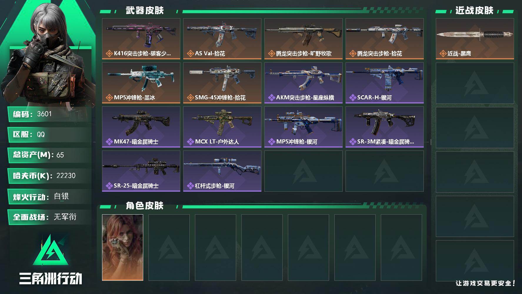 三角洲行动账号QQ【3601】总资产65M/哈夫币2223万/干员外观数1/战场等级1/行动等级60/安全箱等时效性道