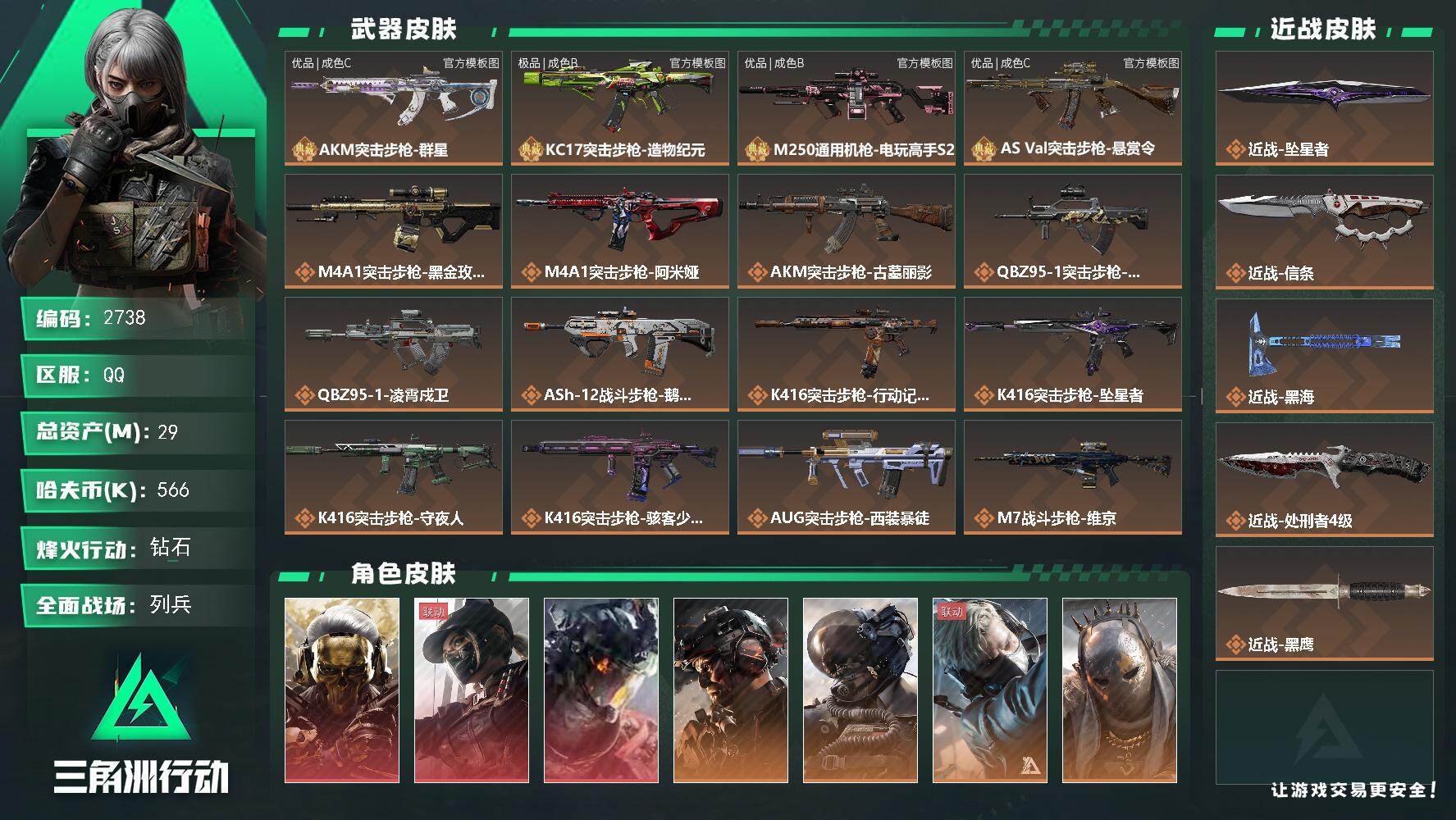 三角洲行动账号QQ29m总资产-566k哈夫币-60烽火等级-钻石-28战场等级-列兵
【干员外观】：红狼-蚀金玫瑰，