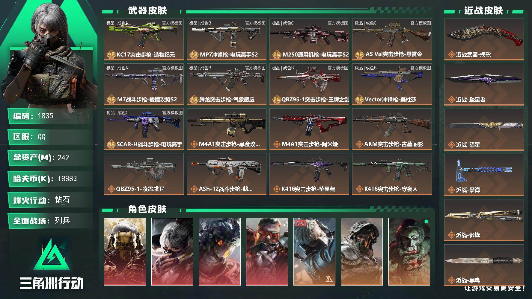 三角洲行动账号QQ242m总资产-18883k哈夫币-60烽火等级-钻石-27战场等级-列兵
【干员外观】：红狼-蚀金