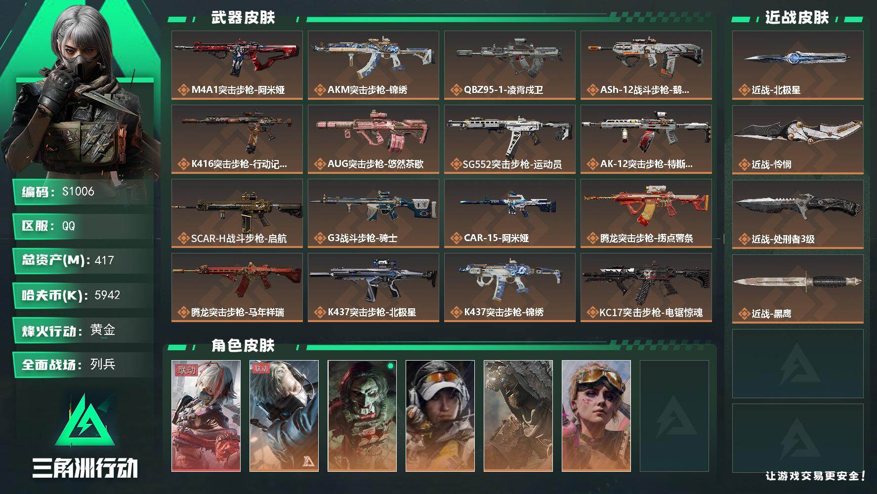 三角洲行动账号QQ【S1006】417m总资产-5942k哈夫币-60烽火等级-黄金-39战场等级-列兵
【干员外观】：骇爪-维什戴尔，蜂医-送葬人·无题密令，红狼-电锯惊魂，露娜-金牌射手，乌鲁鲁-荒原猎手，蛊-不