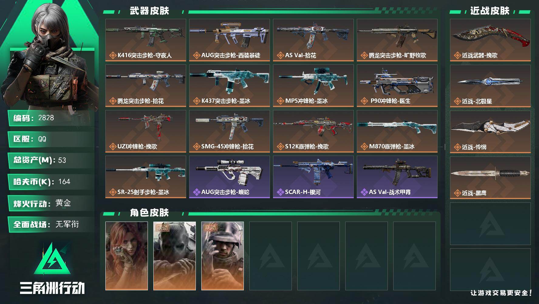 三角洲行动账号QQ53m总资产-164k哈夫币-60烽火等级-黄金-5战场等级-无军衔
【干员外观】：疾风-西部往事，