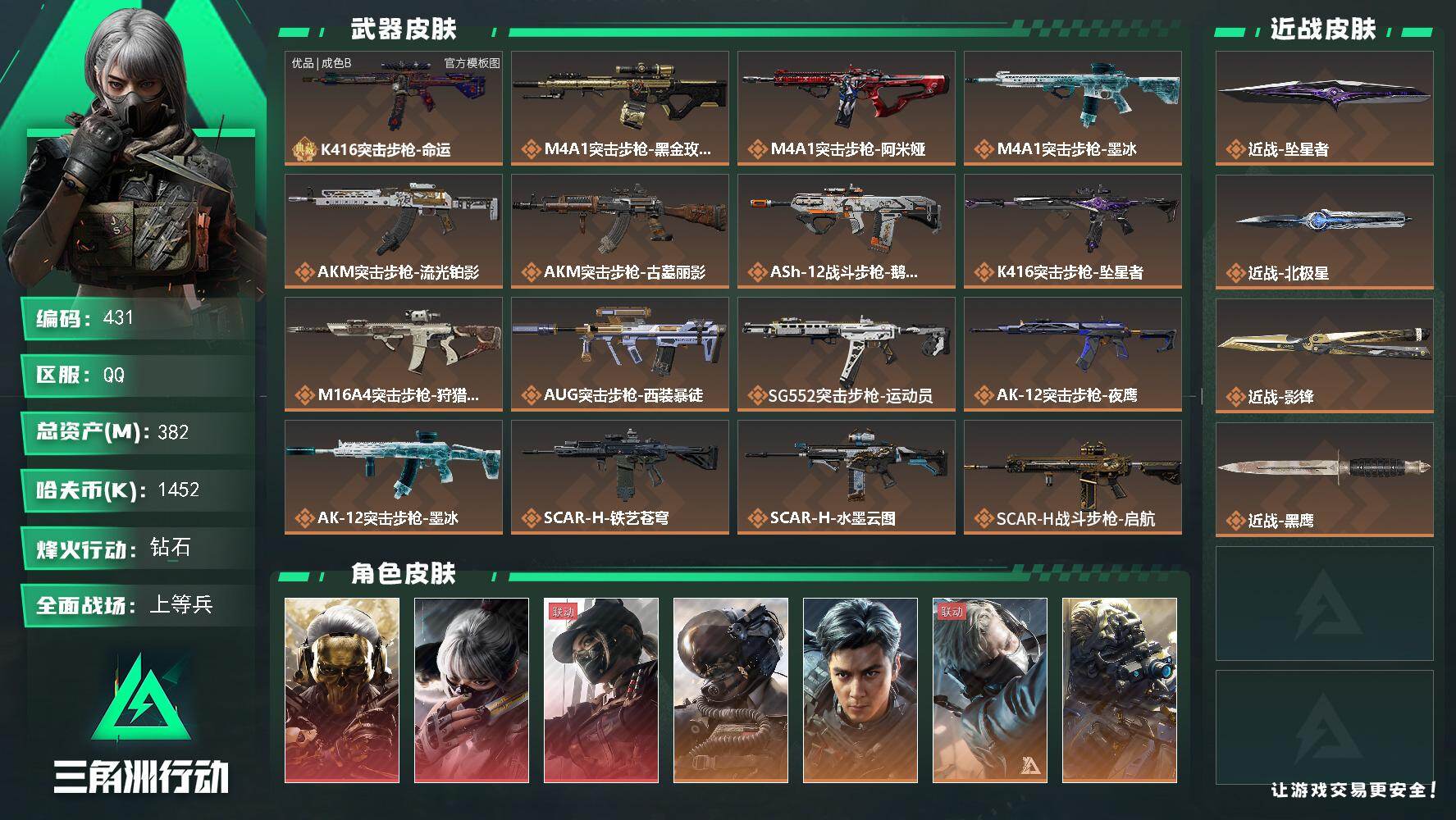 三角洲行动账号QQ382m总资产-1452k哈夫币-60烽火等级-钻石-50战场等级-上等兵
【干员外观】：红狼-蚀金