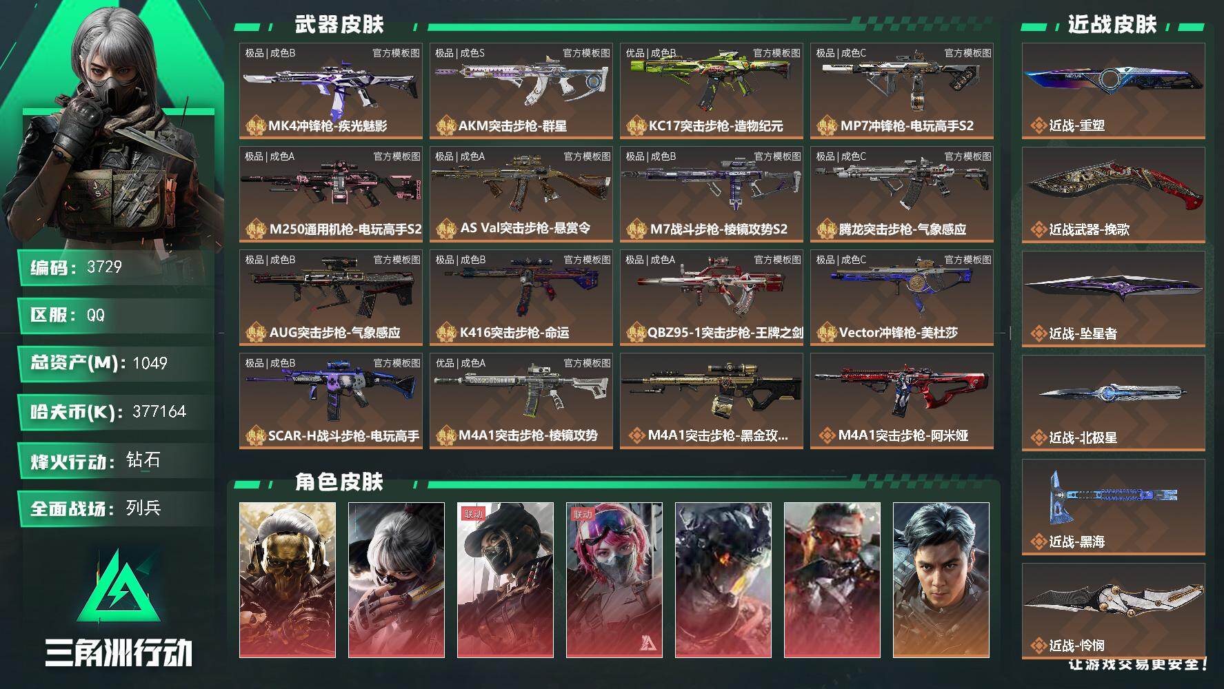 三角洲行动账号QQ【3729】总资产1049M/哈夫币37716万/传说近战数8/干员外观数19/典藏外观数14/传说