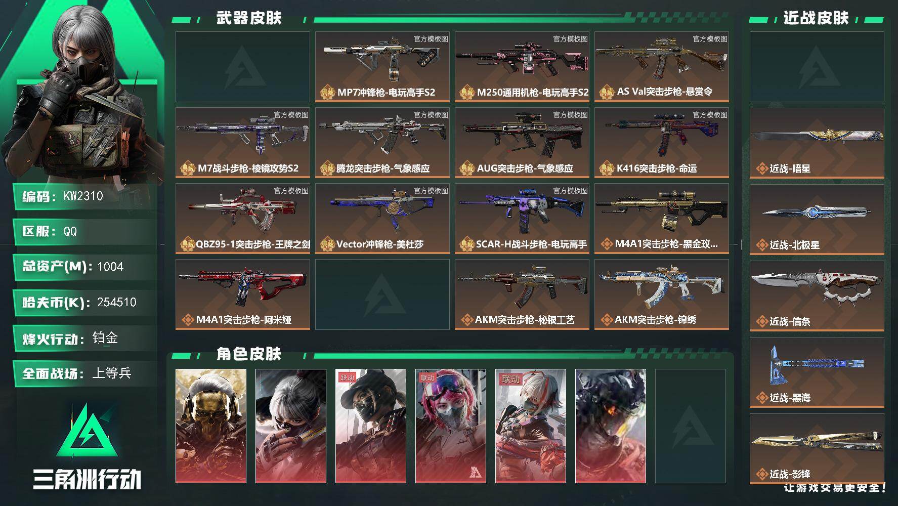 三角洲行动账号QQ【KW2310】总资产1004M/哈夫币25451万/传说近战数9/干员外观数19/典藏外观数11/传说枪皮数92/战场等级41/行动等级60/安全箱等时效性道具以游戏内数据为准，详情请看图/红狼-