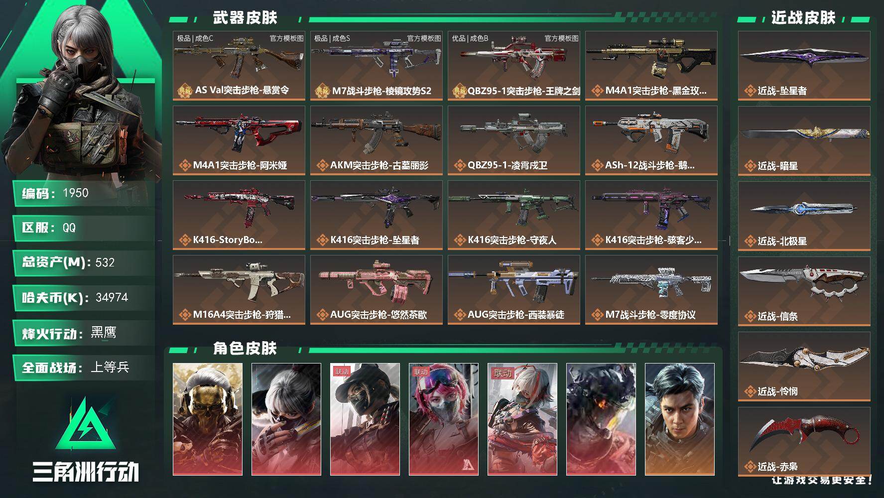 三角洲行动账号QQ532m总资产-34974k哈夫币-60烽火等级-黑鹰-50战场等级-上等兵
【干员外观】：红狼-蚀