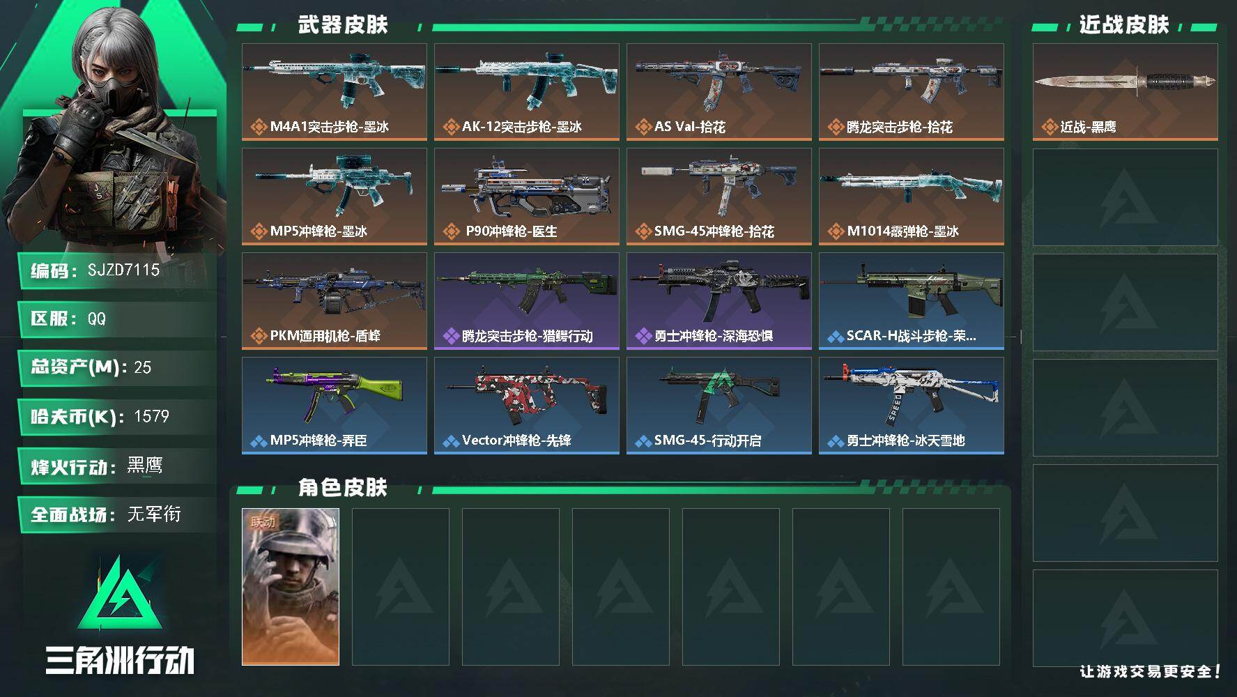 三角洲行动账号QQ【SJZD7115】总资产25M/哈夫币157万/干员外观数1/传说枪皮数9/战场等级1/行动等级60/安全箱等时效性道具以游戏内数据为准，详情请看图/蜂医-医生/近战-黑鹰/M4A1突击步枪-墨冰