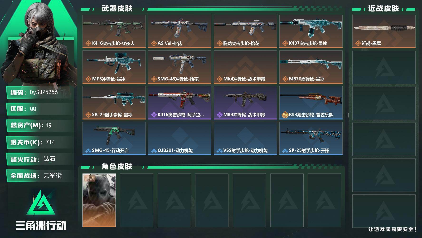 三角洲行动账号QQ【DySJZ5356】总资产19M/哈夫币71万/干员外观数1/传说枪皮数9/战场等级1/行动等级60/安全箱等时效性道具以游戏内数据为准，详情请看图/无名-守夜人/近战-黑鹰/K416突击步枪-守
