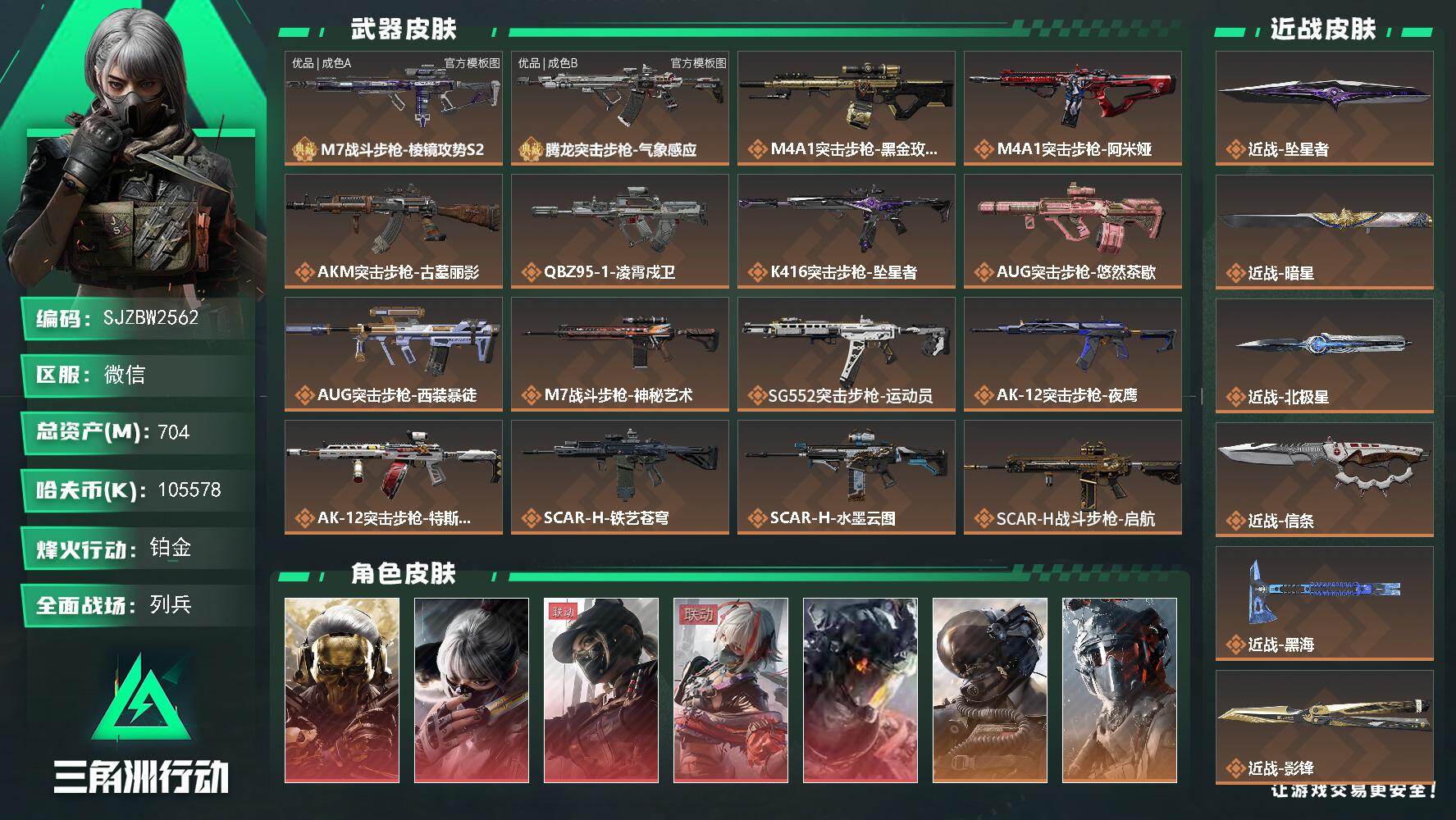 三角洲行动账号VX704m总资产105578k哈夫币60烽火等级铂金25战场等级列兵
【干员外观】红狼蚀金玫瑰骇爪水墨