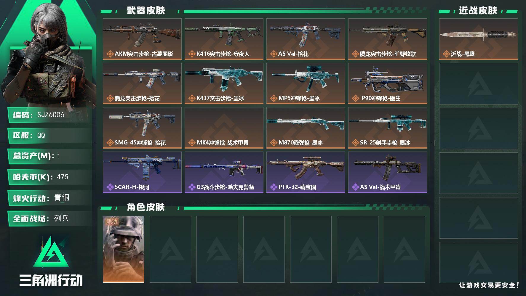 三角洲行动账号QQ【SJZ6006】总资产1M/哈夫币47万/干员外观数1/传说枪皮数12/战场等级10/行动等级55/安全箱等时效性道具以游戏内数据为准，详情请看图/蜂医-医生/近战-黑鹰/AKM突击步枪古墓丽影/