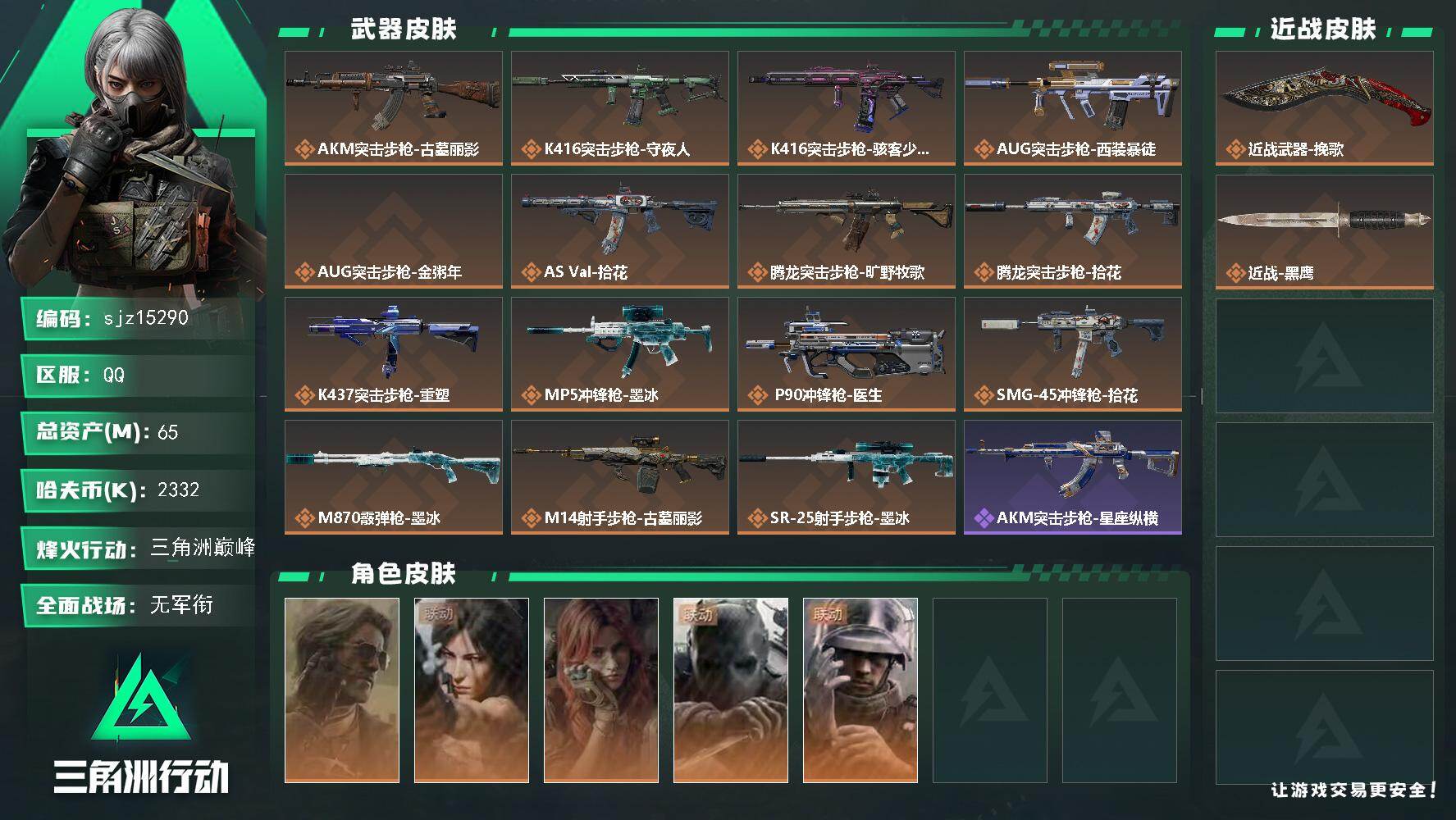 三角洲行动账号QQ总资产：65.7M, 哈夫币：2332K ;总资产65M/哈夫币233万/干员外观数5/战场等级4/