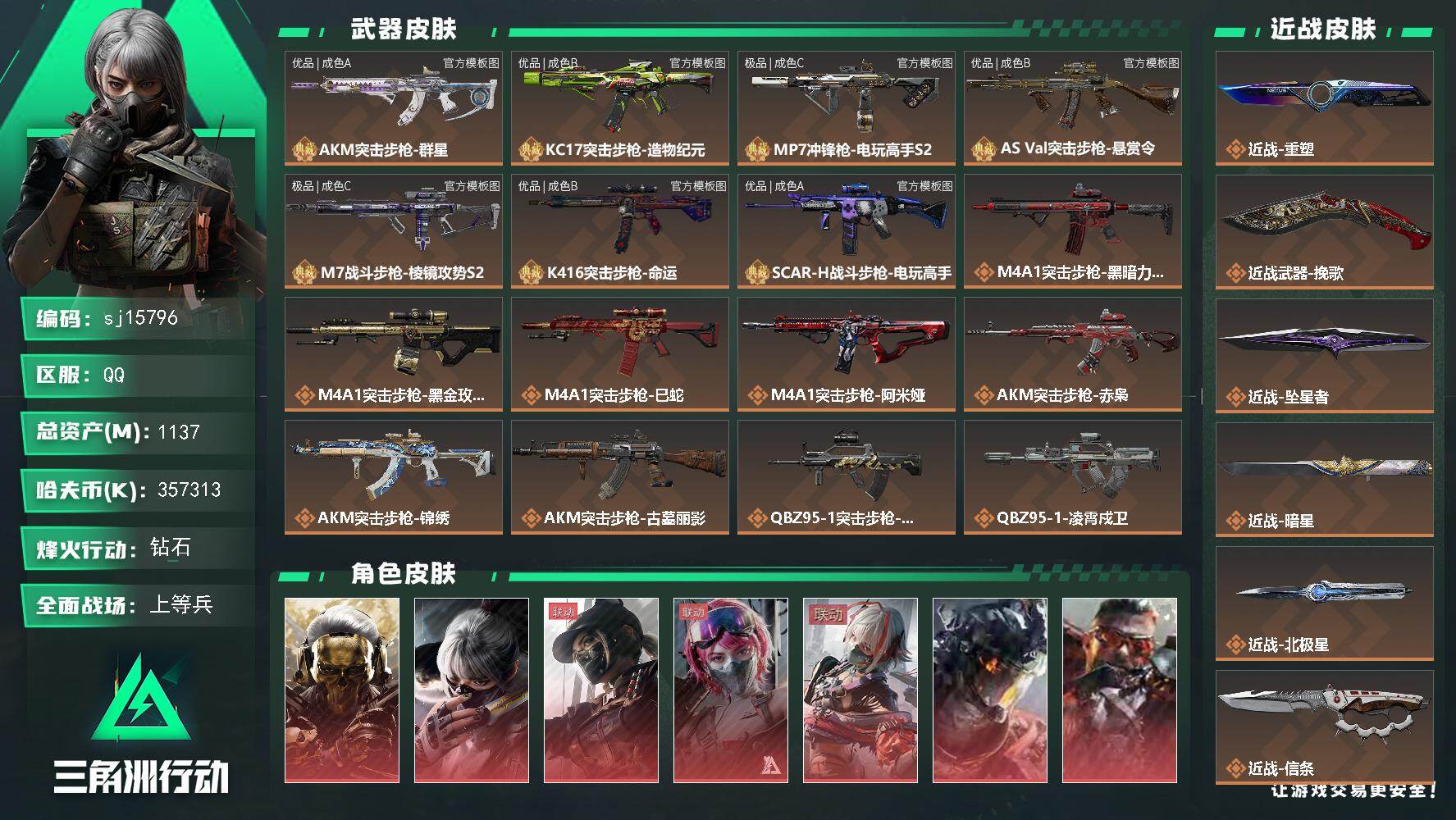 三角洲行动账号QQ总资产1137M/哈夫币35731万/干员外观数23/典藏外观数7/传说枪皮数93/战场等级50/行