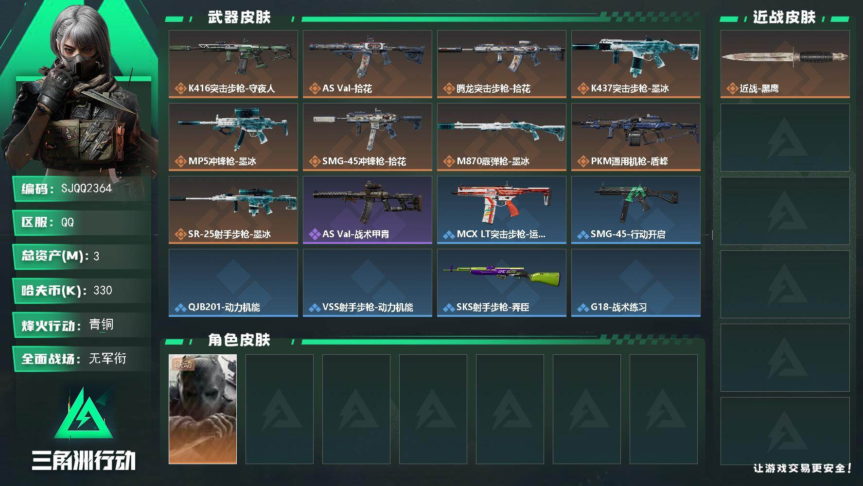 三角洲行动账号QQ【SJQQ2364】总资产3M/哈夫币33万/干员外观数1/传说枪皮数9/战场等级1/行动等级46/安全箱等时效性道具以游戏内数据为准，详情请看图/无名-守夜人/近战-黑鹰/K416突击步枪-守夜人