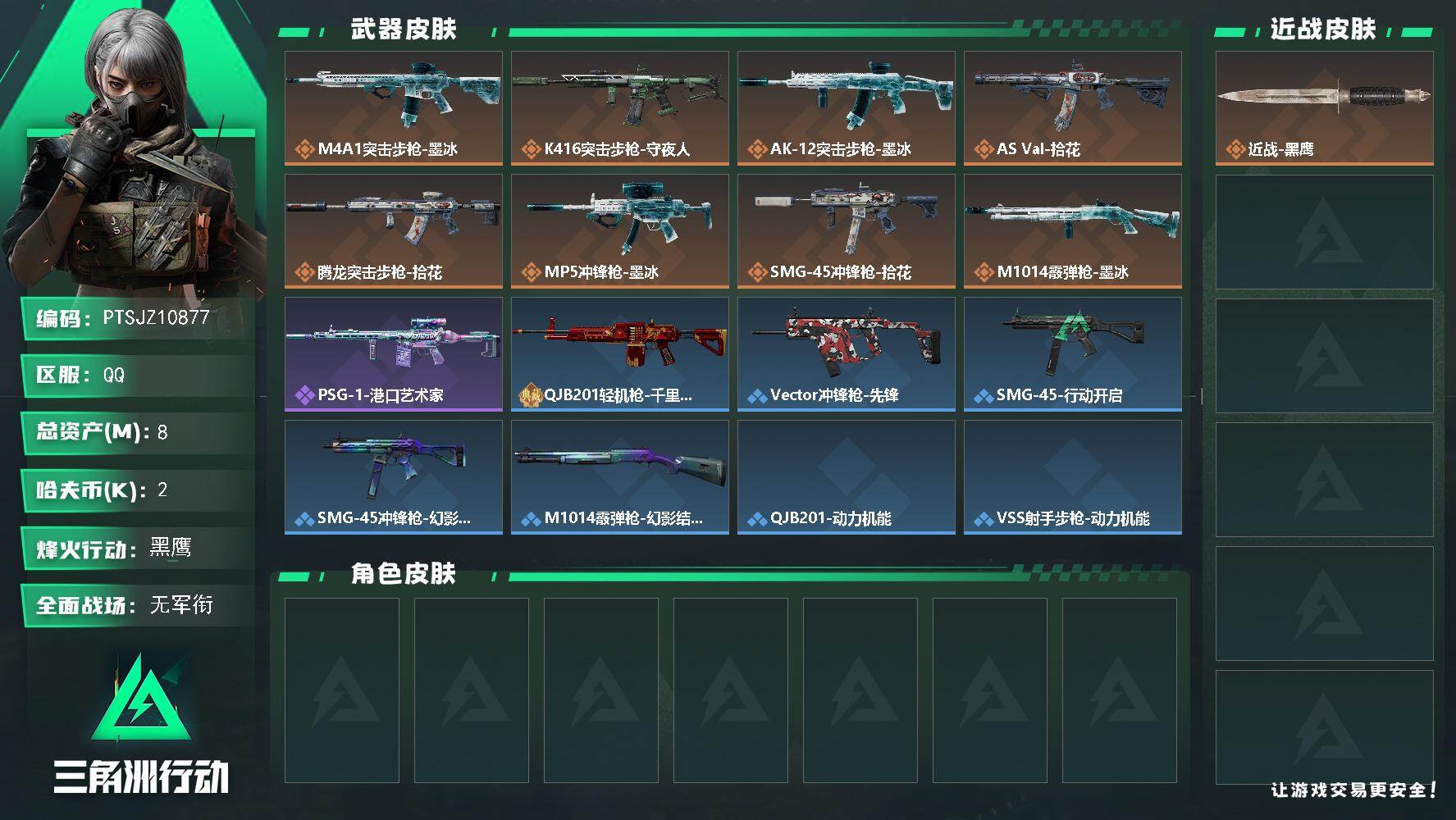 三角洲行动账号QQ【PTSJZ10877】总资产8M/哈夫币0万/传说枪皮数8/战场等级1/行动等级60/安全箱等时效