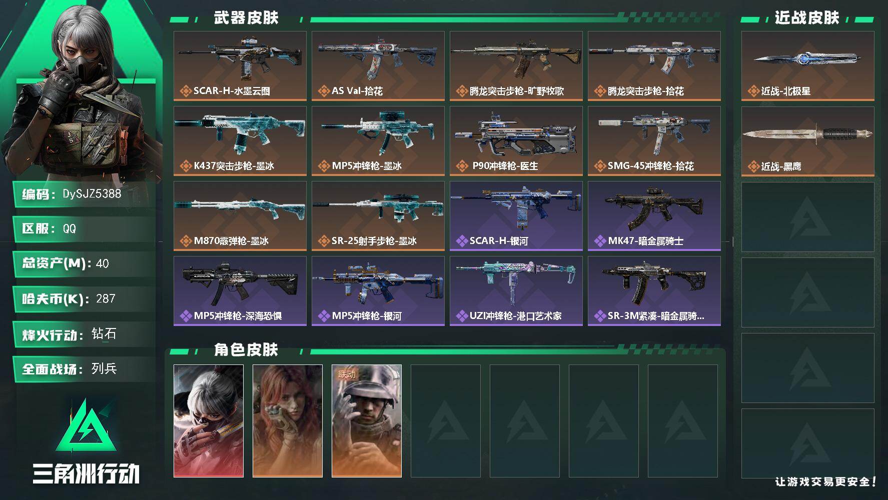 三角洲行动账号QQ【DySJZ5388】总资产40M/哈夫币28万/传说近战数1/干员外观数3/传说枪皮数10/战场等